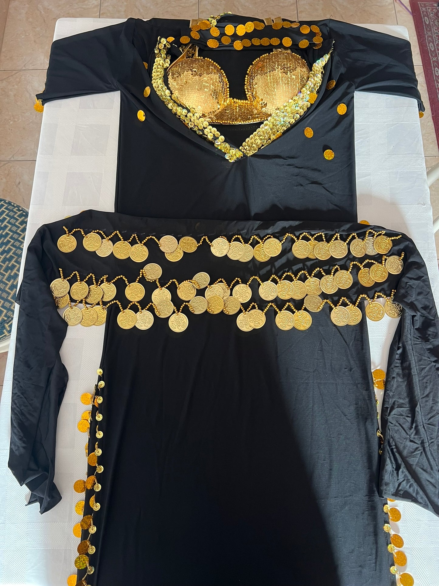 Elegant Egyptian Sexy Belly Dance Costume, Saidi Dress, Baladi Galabia, with Bra & Hip scarf.