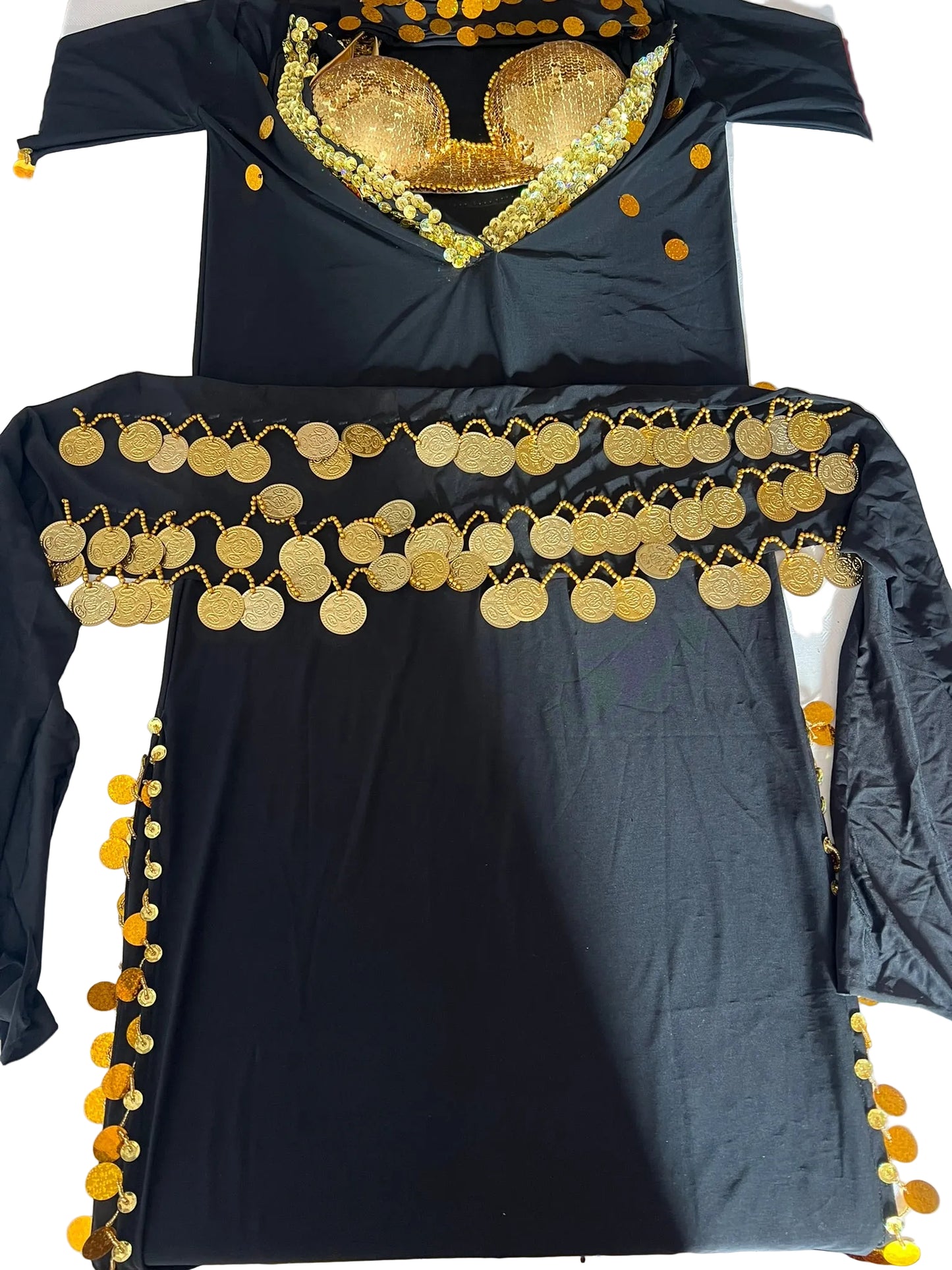 Elegant Egyptian Sexy Belly Dance Costume, Saidi Dress, Baladi Galabia, with Bra & Hip scarf.