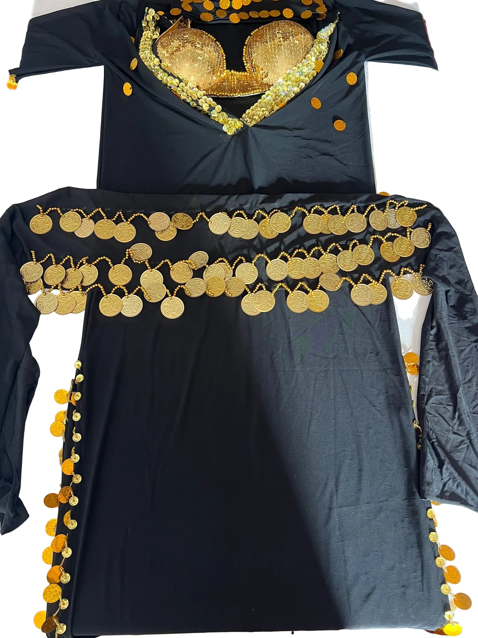Elegant Egyptian Sexy Belly Dance Costume, Saidi Dress, Baladi Galabia, with Bra & Hip scarf.