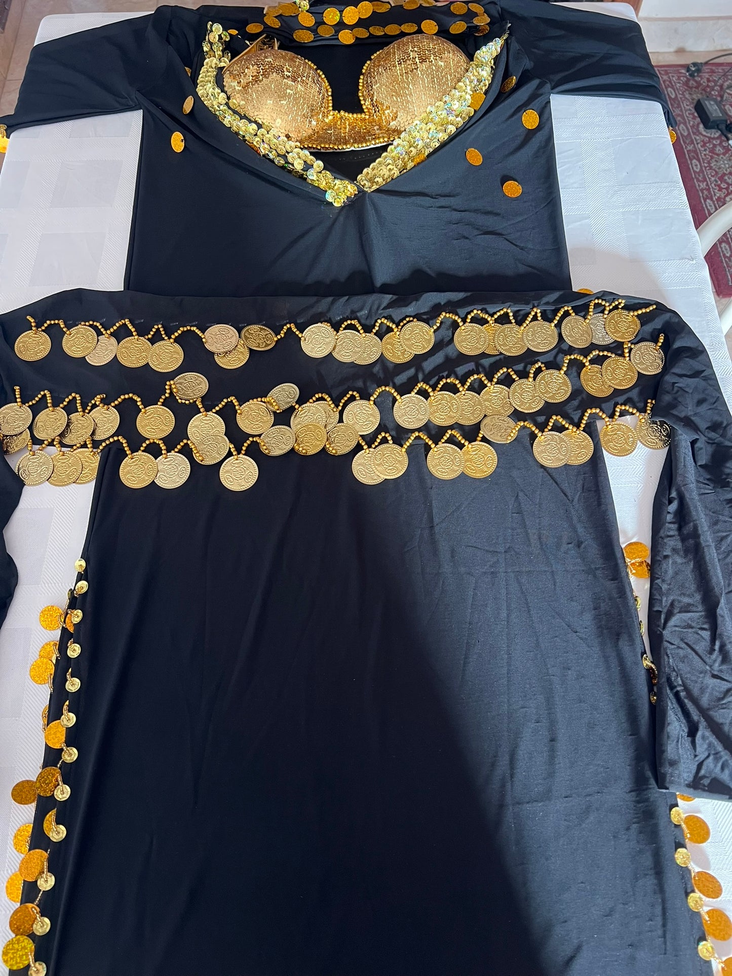 Elegant Egyptian Sexy Belly Dance Costume, Saidi Dress, Baladi Galabia, with Bra & Hip scarf.