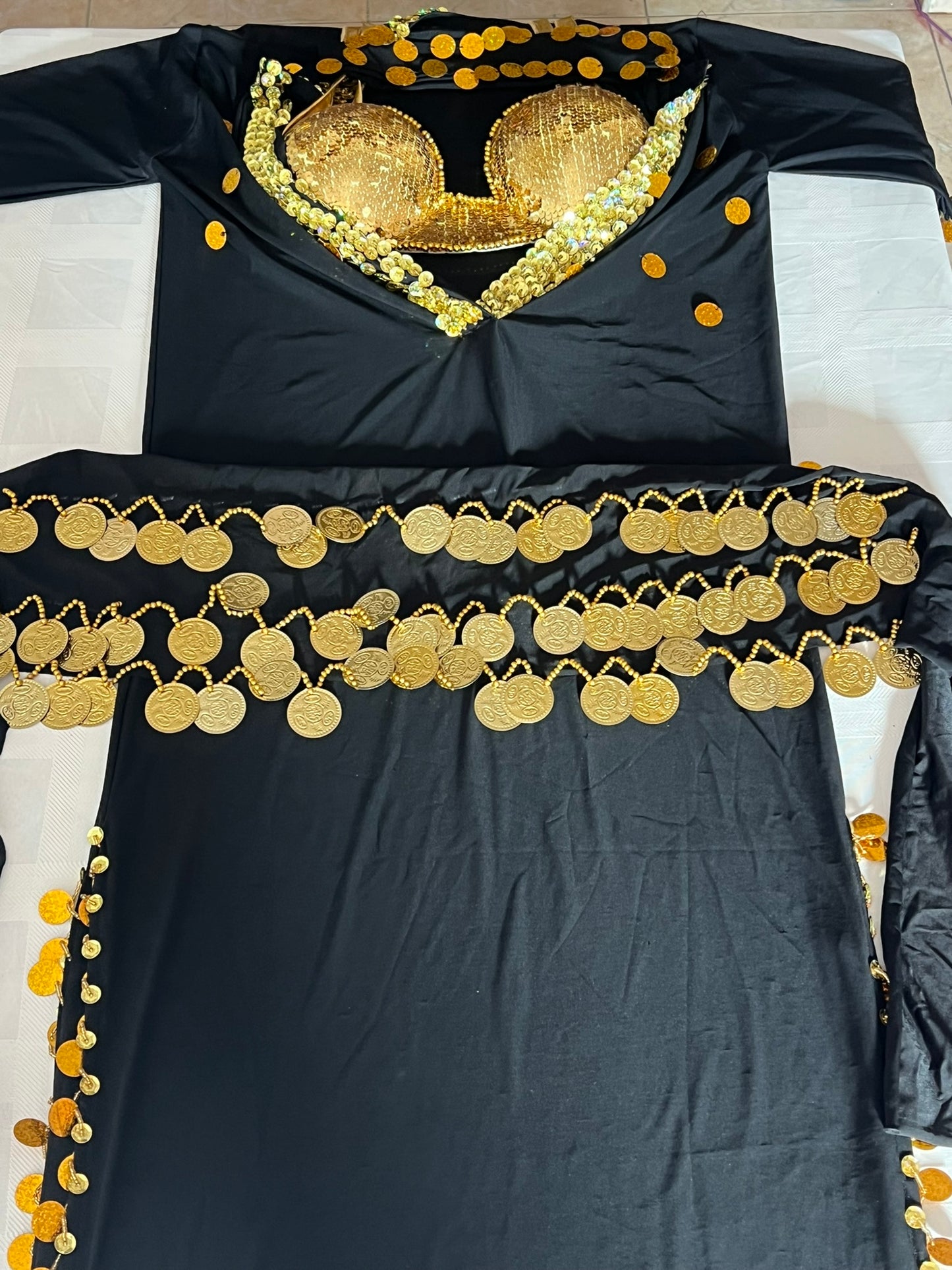 Elegant Egyptian Sexy Belly Dance Costume, Saidi Dress, Baladi Galabia, with Bra & Hip scarf.