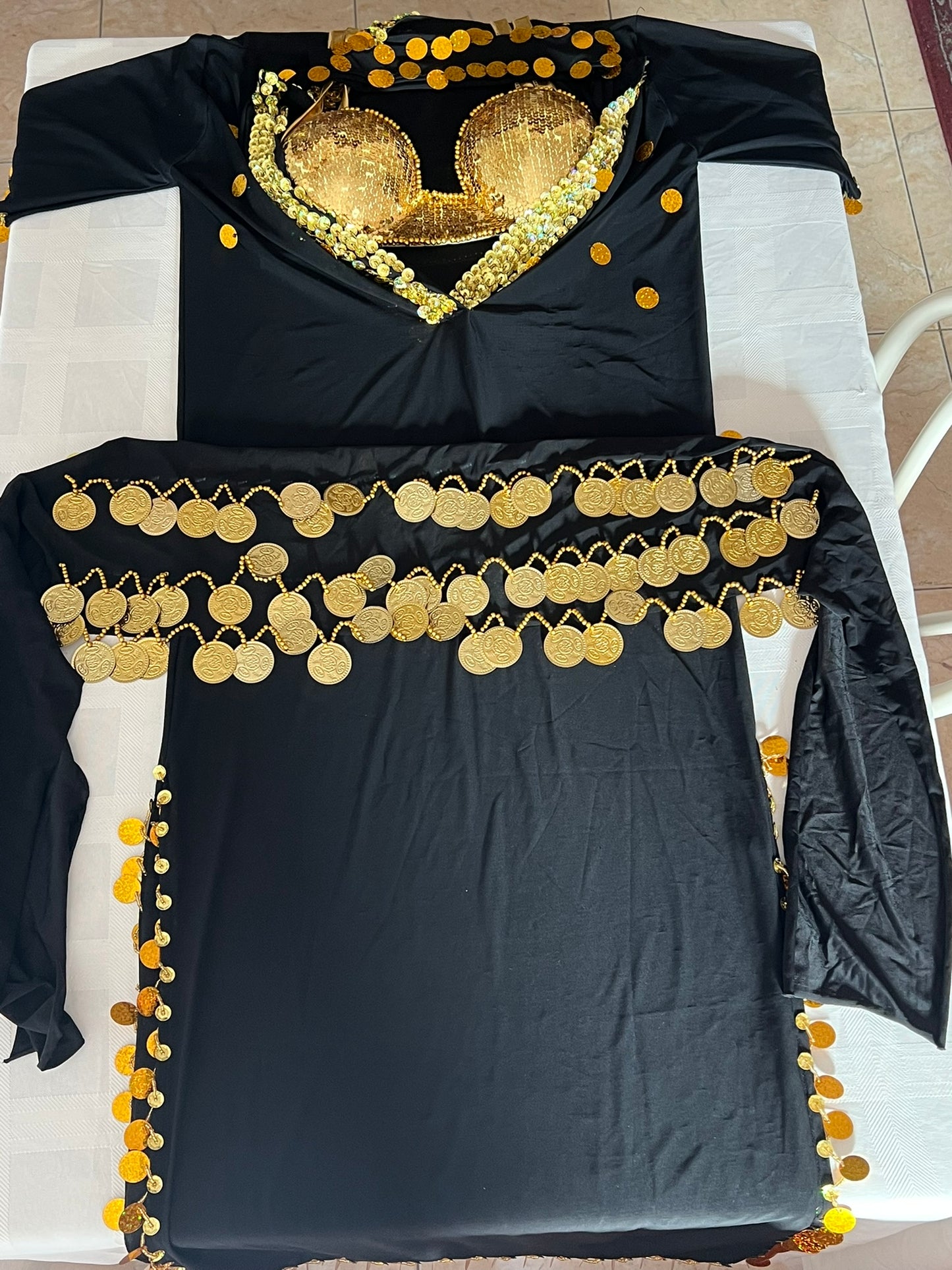 Elegant Egyptian Sexy Belly Dance Costume, Saidi Dress, Baladi Galabia, with Bra & Hip scarf.