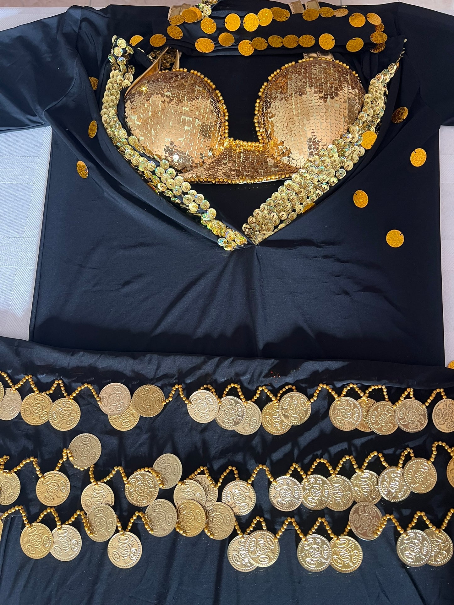 Elegant Egyptian Sexy Belly Dance Costume, Saidi Dress, Baladi Galabia, with Bra & Hip scarf.