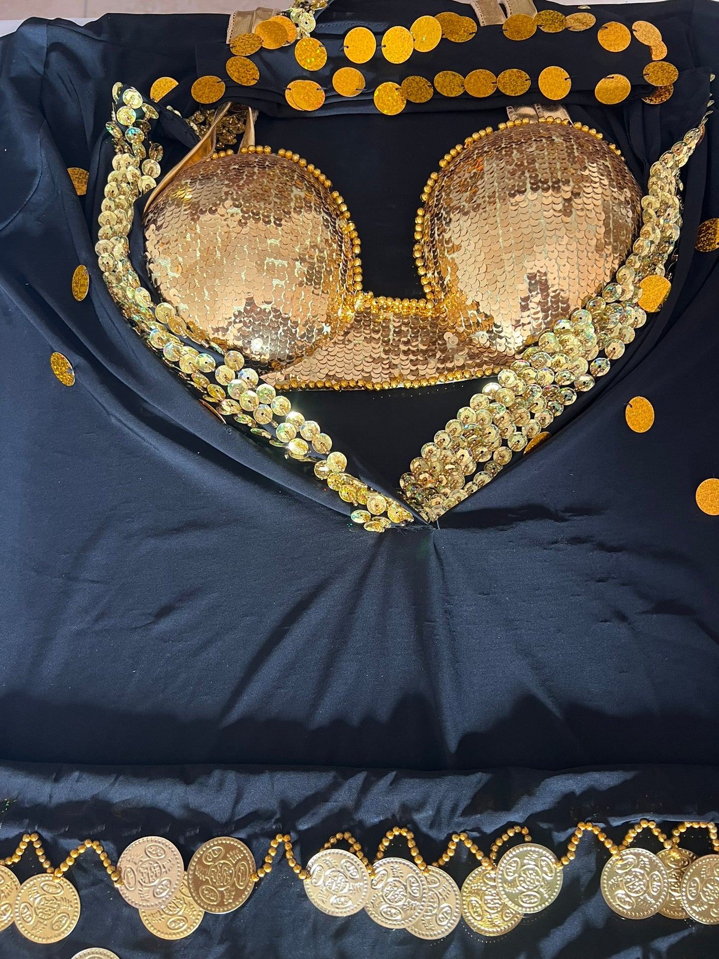 Elegant Egyptian Sexy Belly Dance Costume, Saidi Dress, Baladi Galabia, with Bra & Hip scarf.