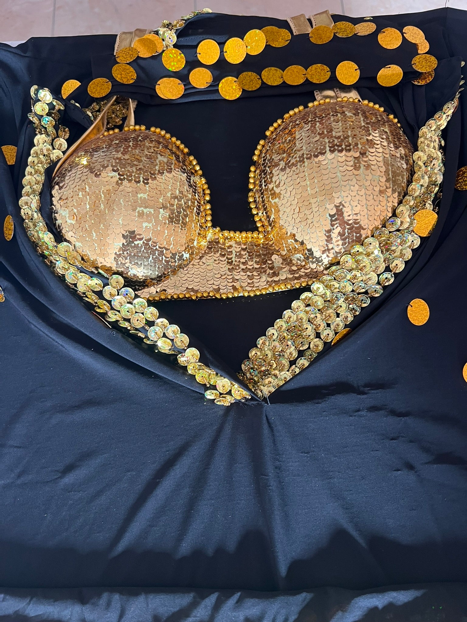 Elegant Egyptian Belly Dance Costume – Saidi Galabia with Bra, Hip Scarf & Headpiece