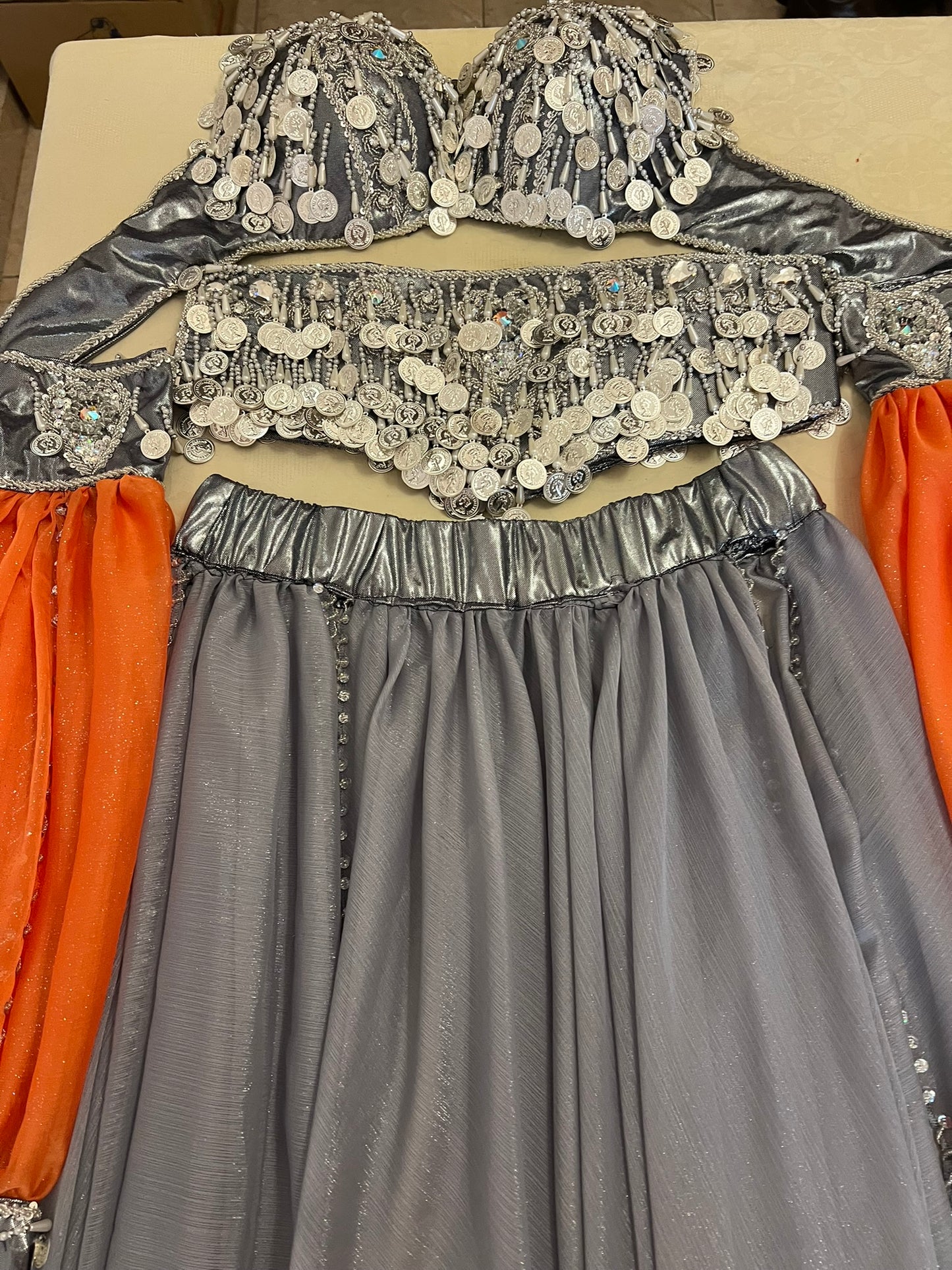 Professional Silver Belly dance costume, Dancing belt, skirt, Bra and sleeves ensemble