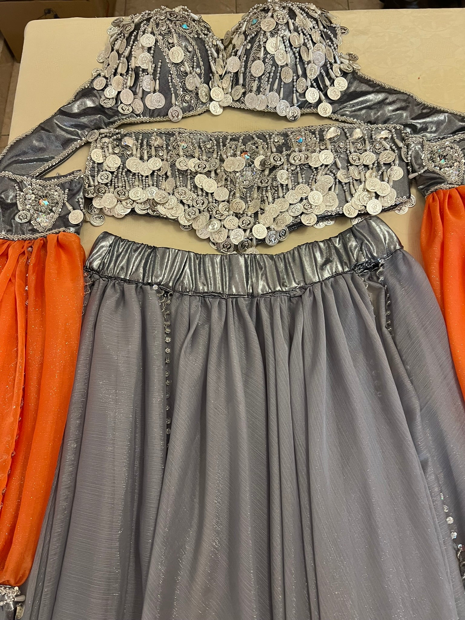 Professional Silver Belly dance costume, Dancing belt, skirt, Bra and sleeves ensemble