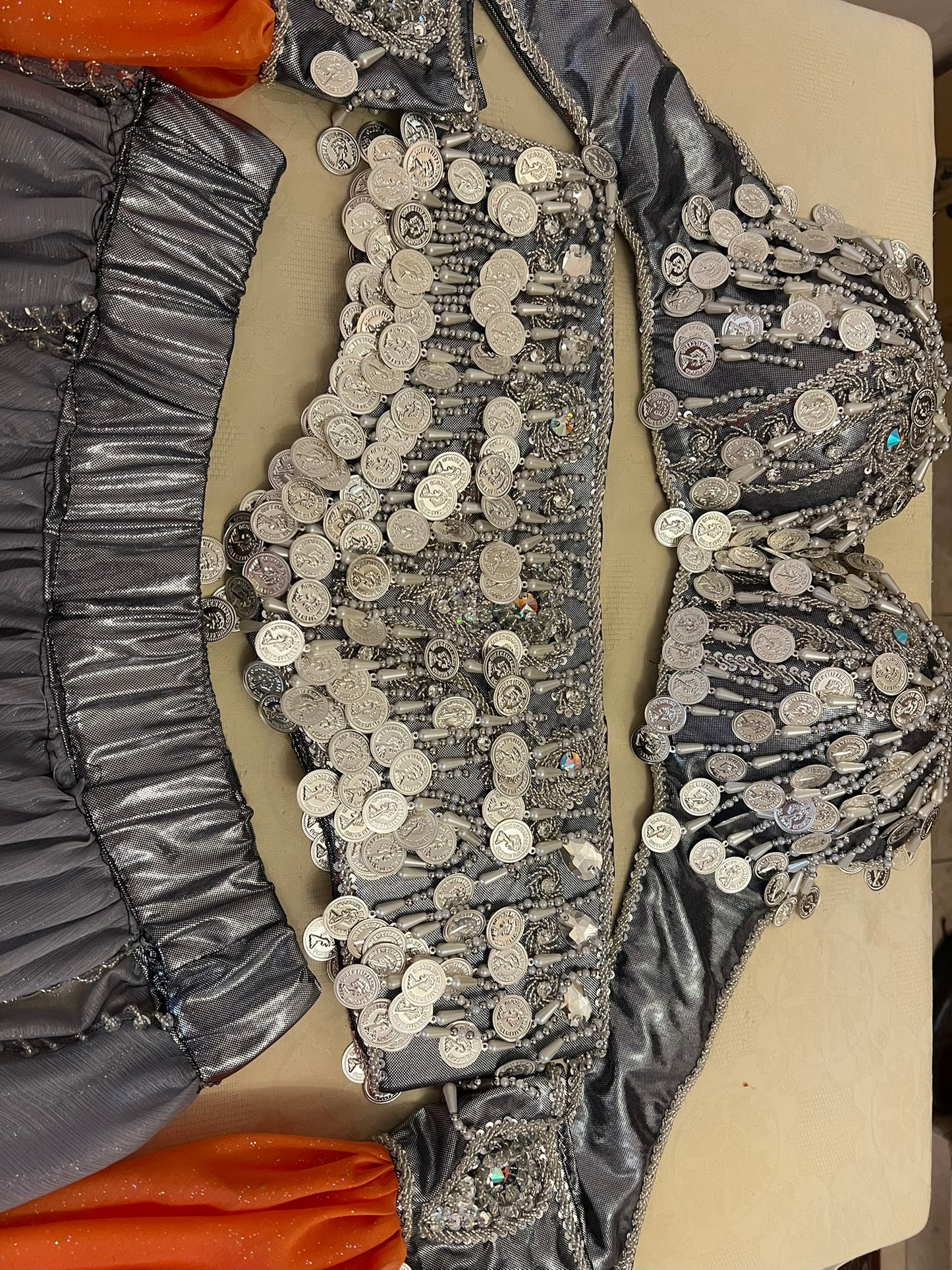 Professional Silver Belly dance costume, Dancing belt, skirt, Bra and sleeves ensemble