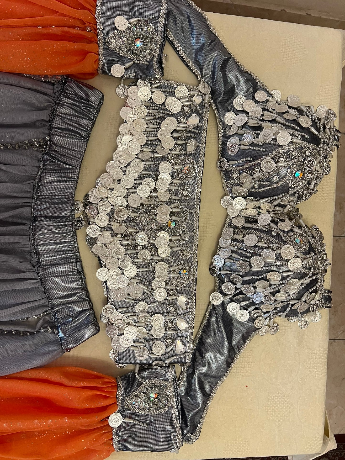 Professional Silver Belly dance costume, Dancing belt, skirt, Bra and sleeves ensemble