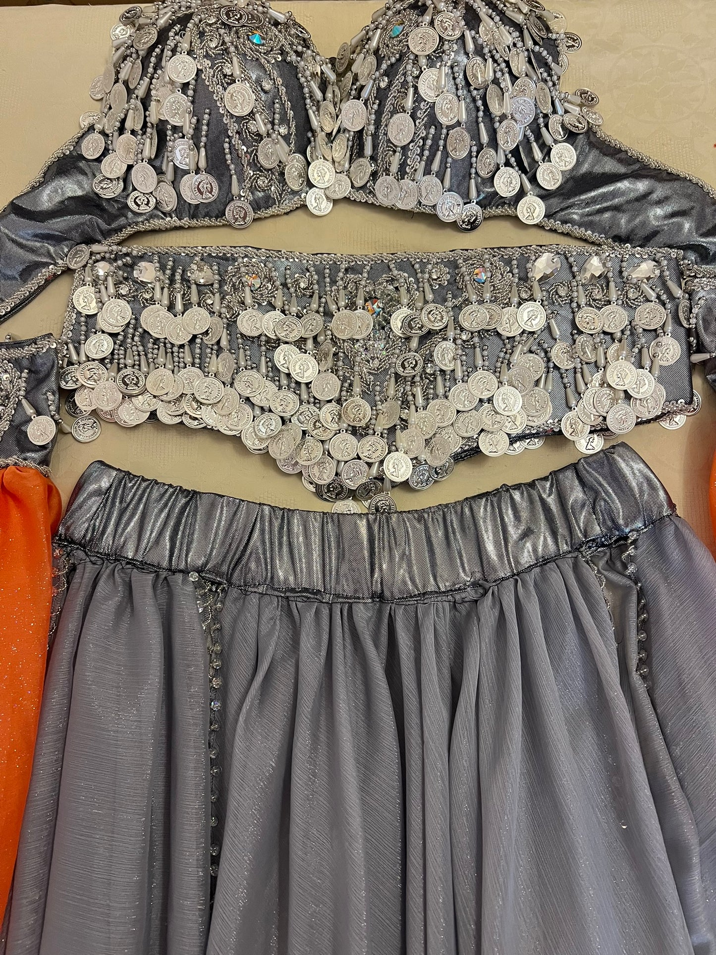 Professional Silver Belly dance costume, Dancing belt, skirt, Bra and sleeves ensemble