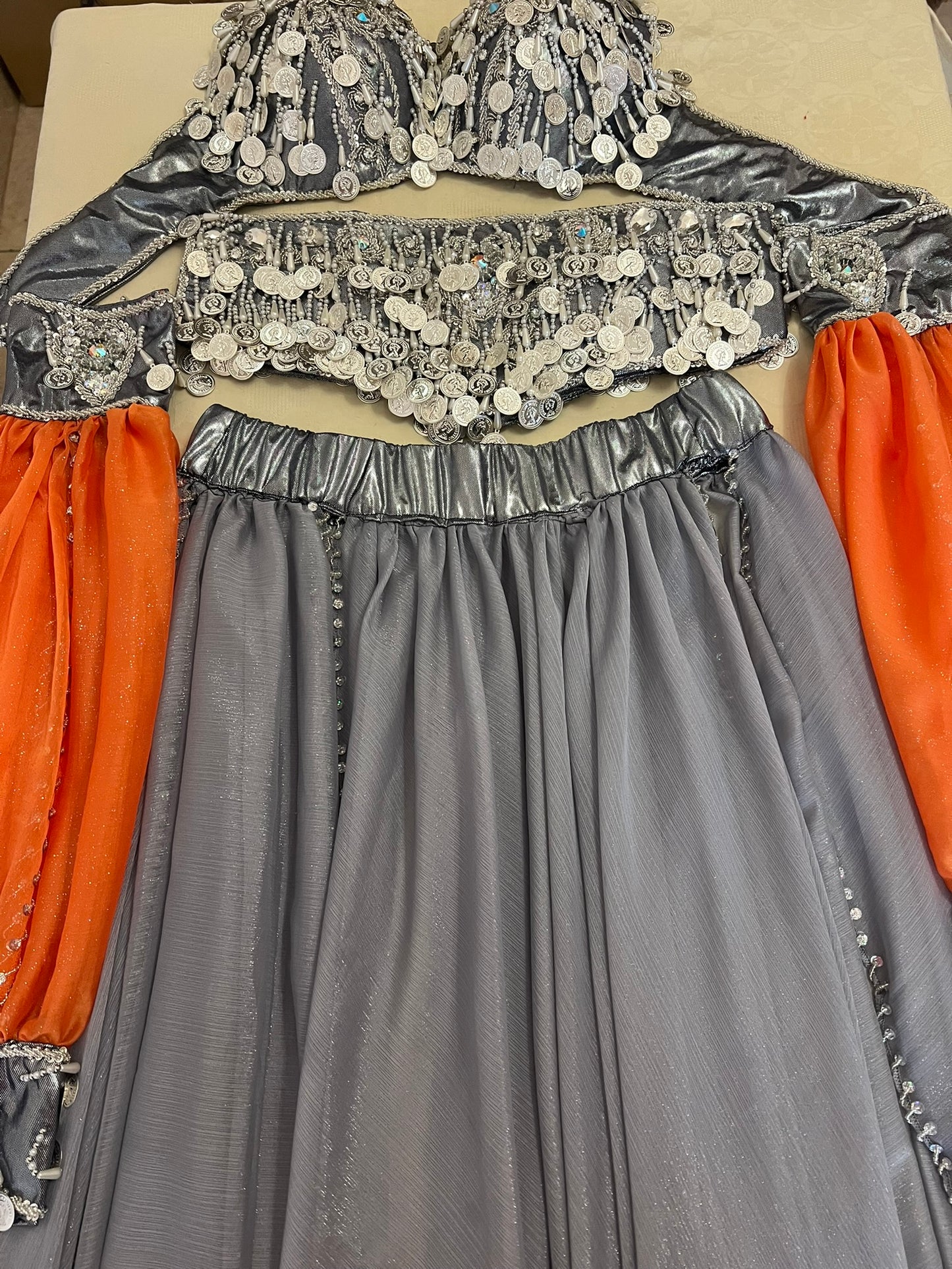 Professional Silver Belly dance costume, Dancing belt, skirt, Bra and sleeves ensemble