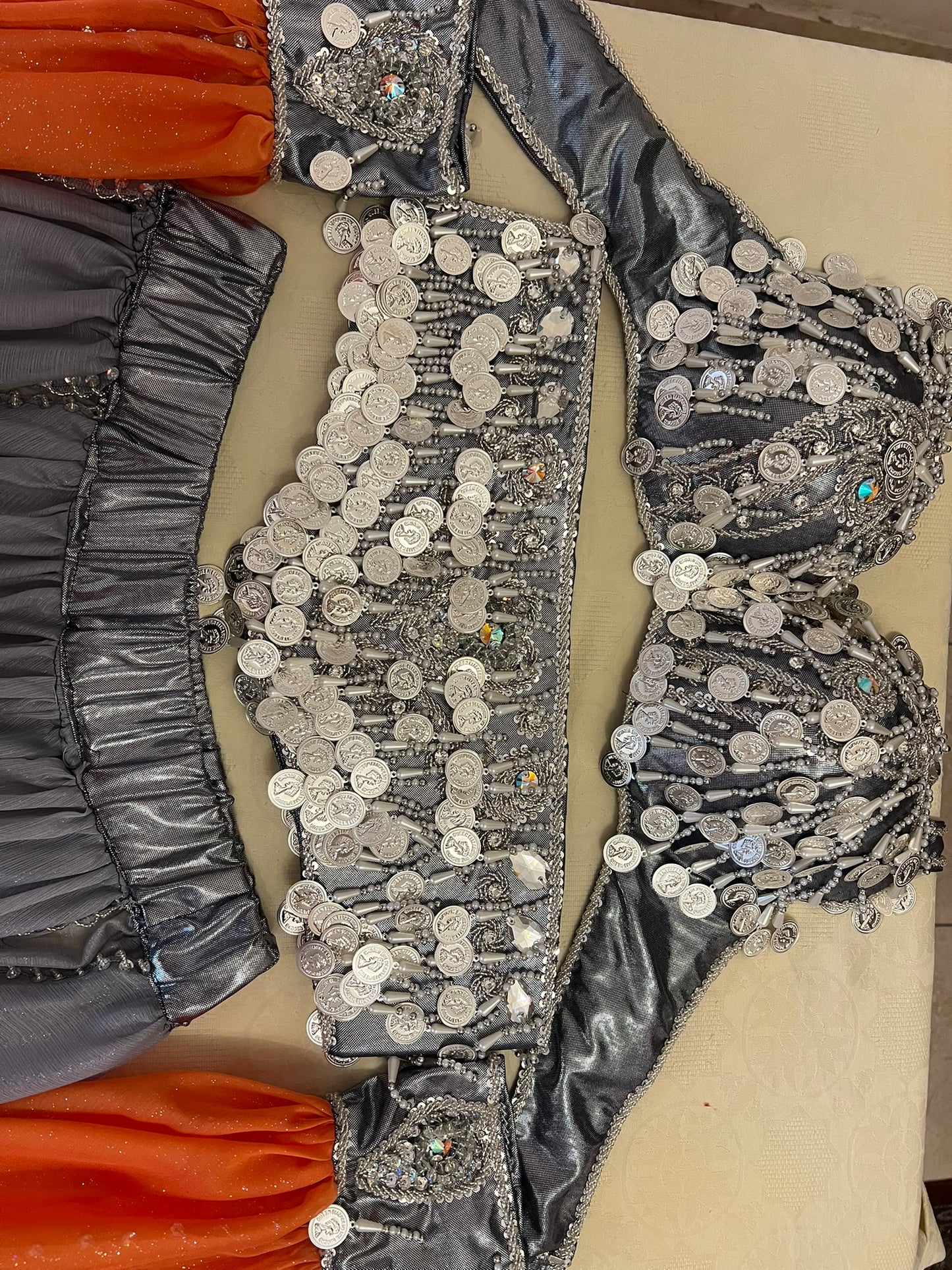 Professional Silver Belly dance costume, Dancing belt, skirt, Bra and sleeves ensemble
