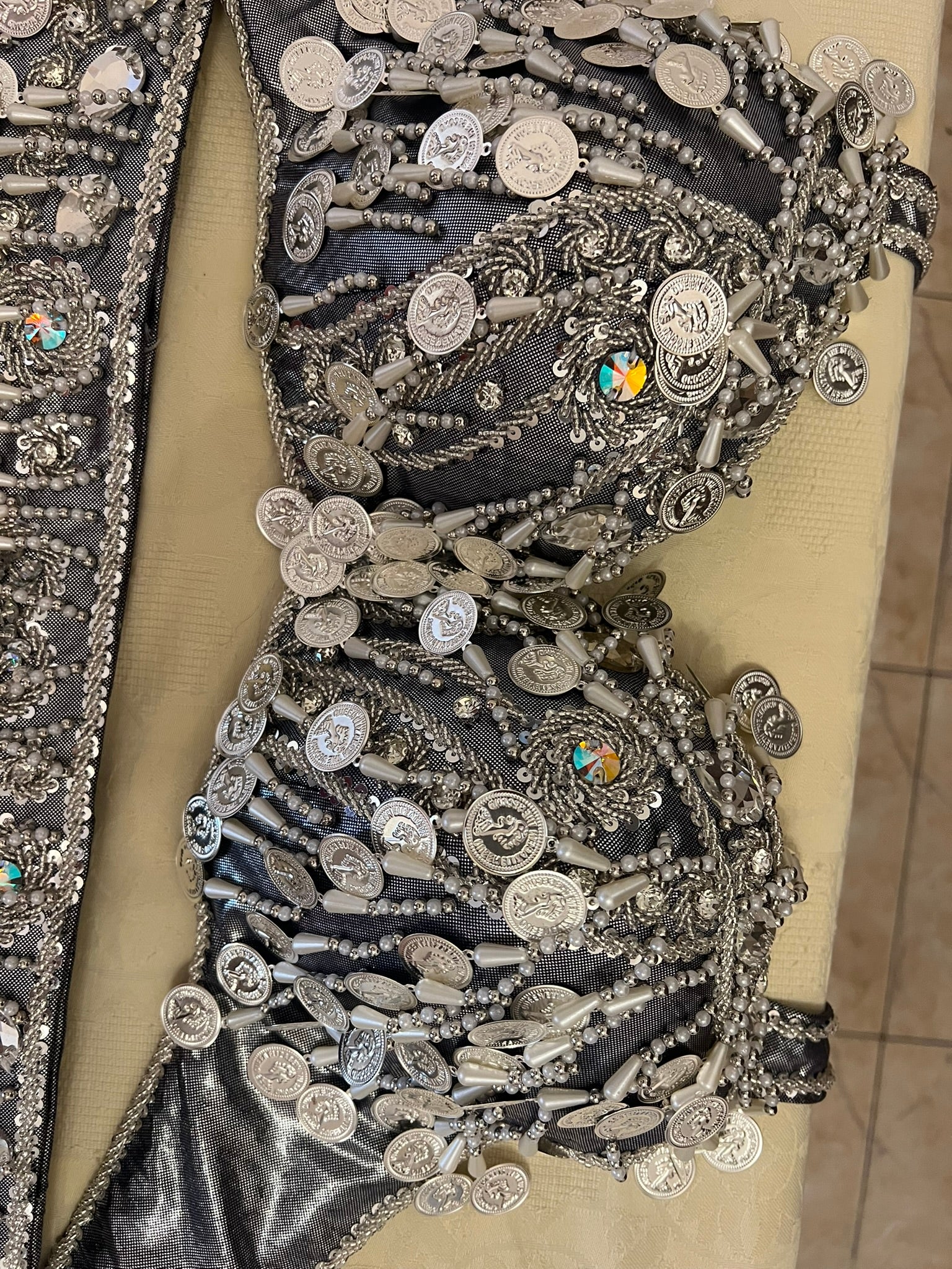 Professional Silver Belly dance costume, Dancing belt, skirt, Bra and sleeves ensemble