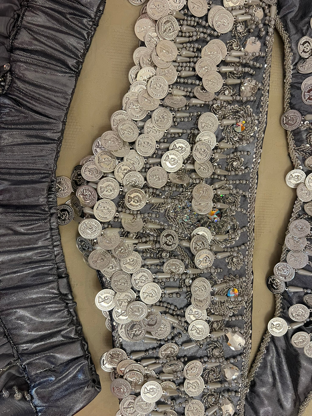 Professional Silver Belly dance costume, Dancing belt, skirt, Bra and sleeves ensemble