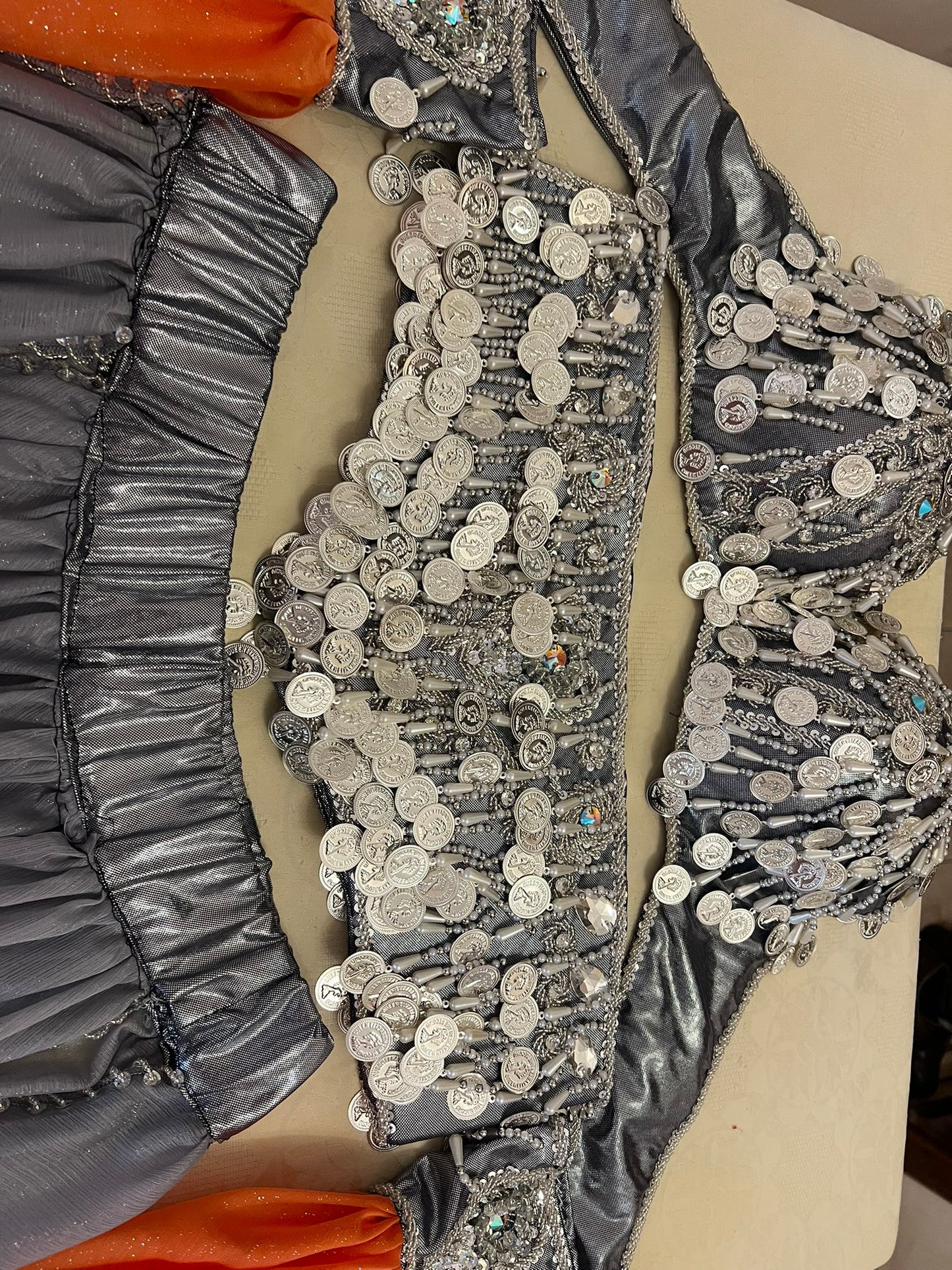 Professional Silver Belly dance costume, Dancing belt, skirt, Bra and sleeves ensemble