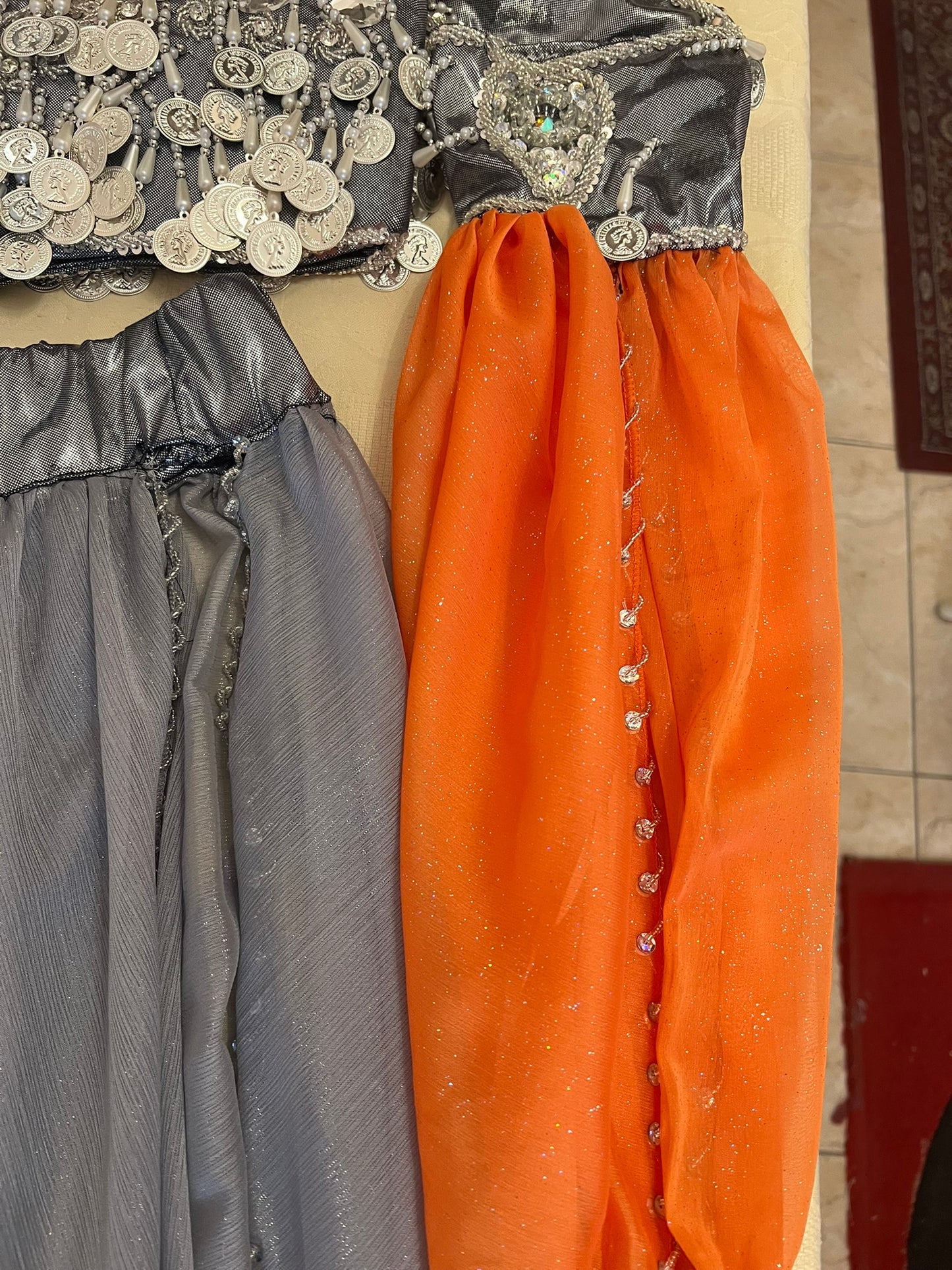 Professional Silver Belly dance costume, Dancing belt, skirt, Bra and sleeves ensemble