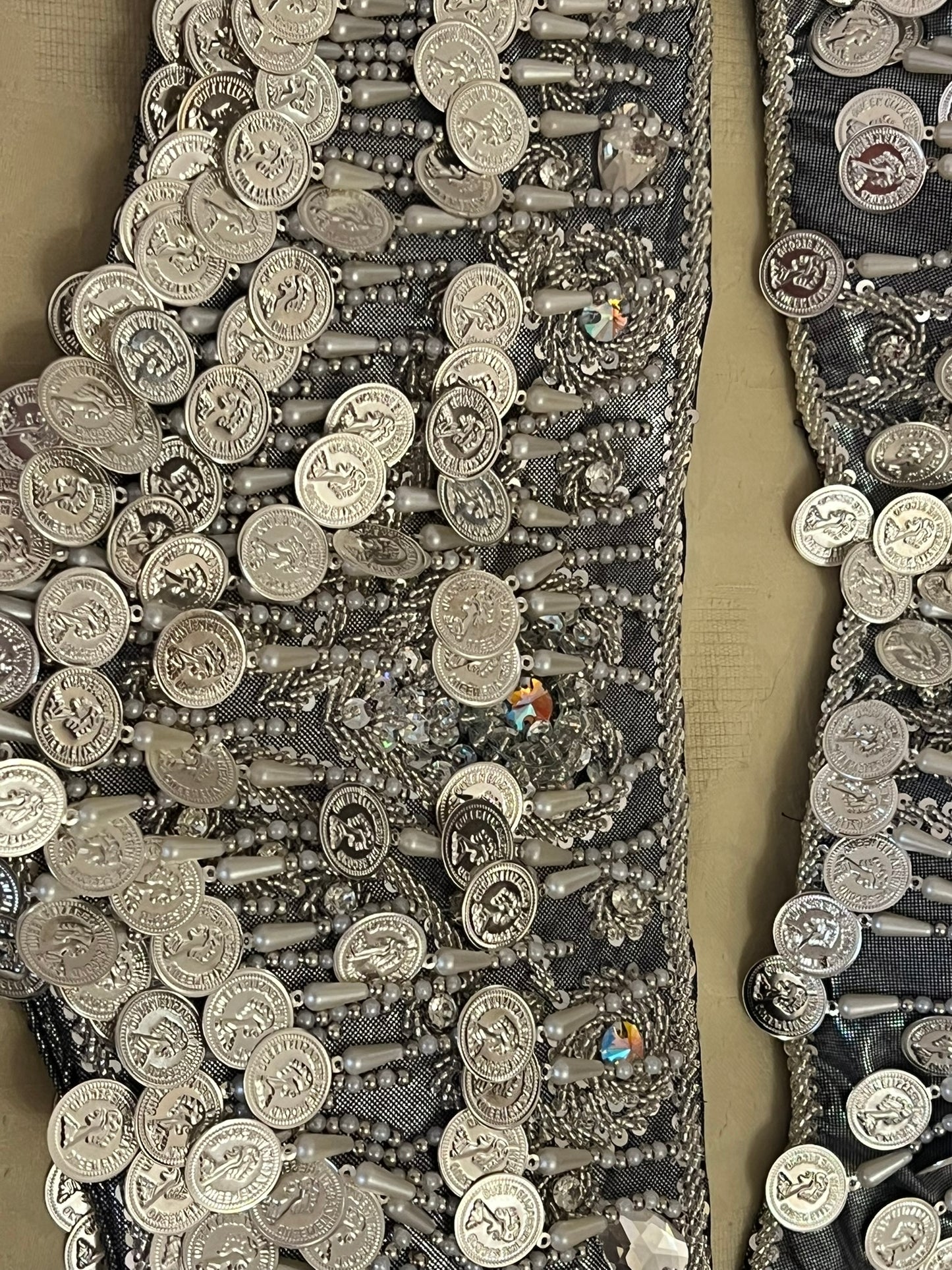 Professional Silver Belly dance costume, Dancing belt, skirt, Bra and sleeves ensemble