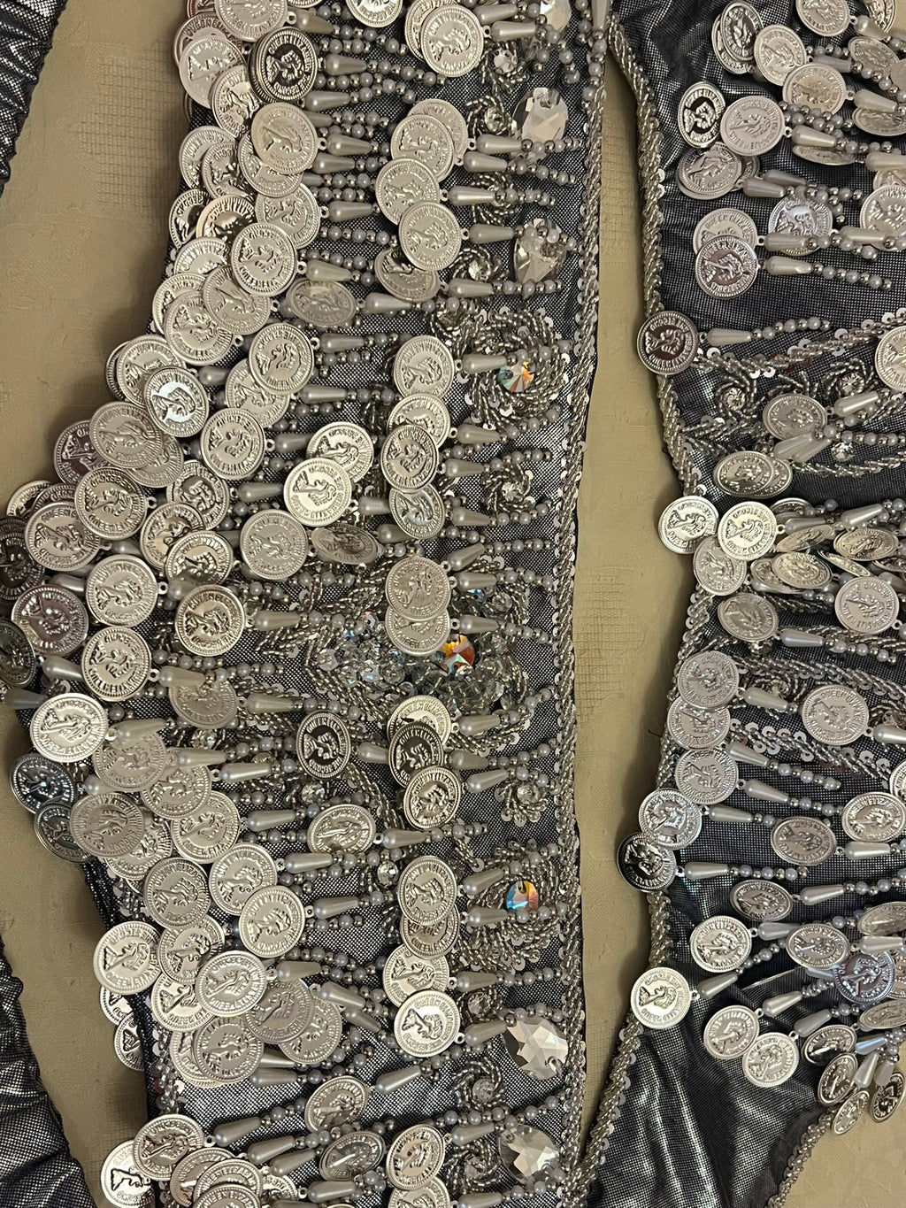 Professional Silver Belly dance costume, Dancing belt, skirt, Bra and sleeves ensemble