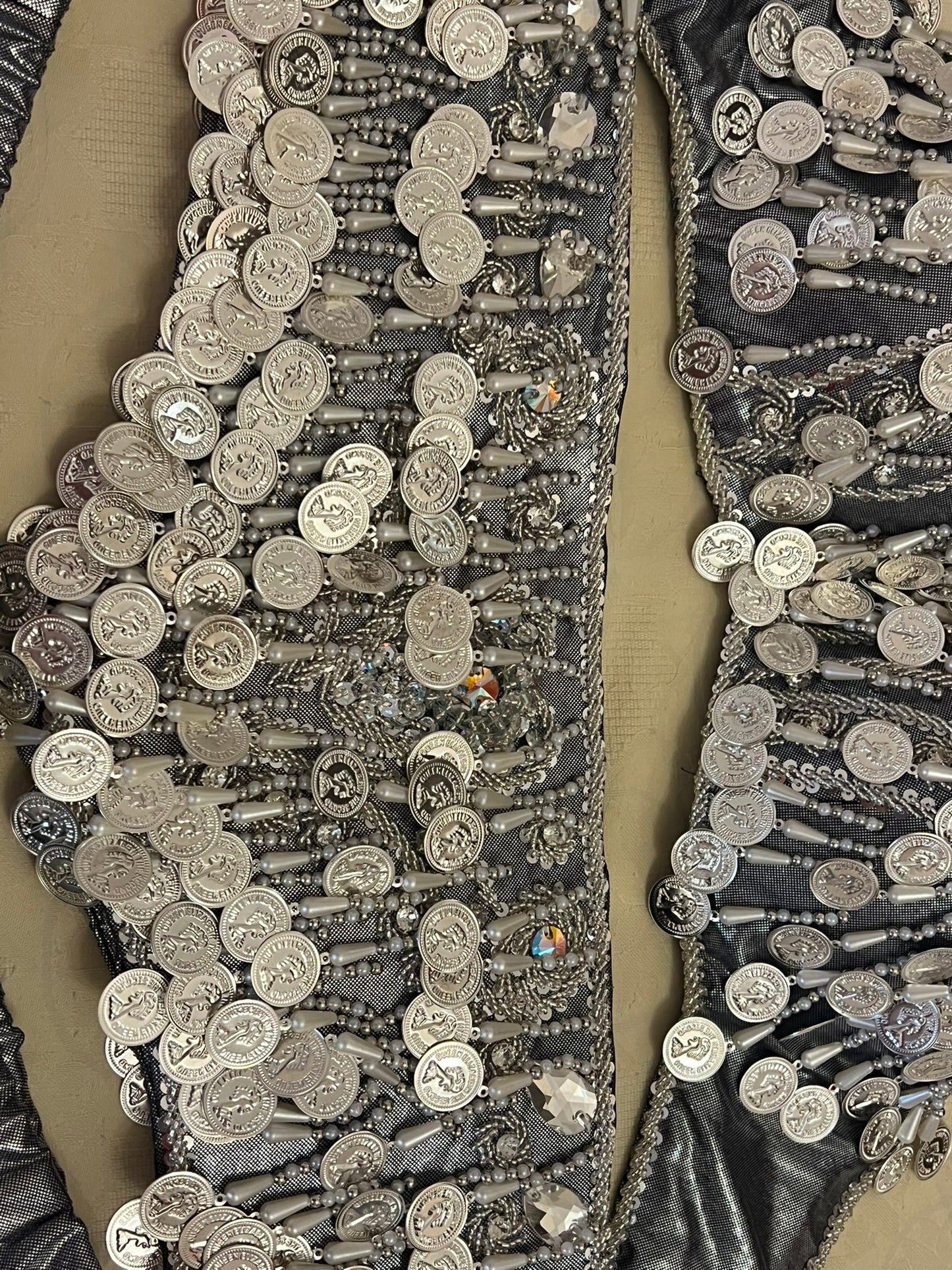 Professional Silver Belly dance costume, Dancing belt, skirt, Bra and sleeves ensemble