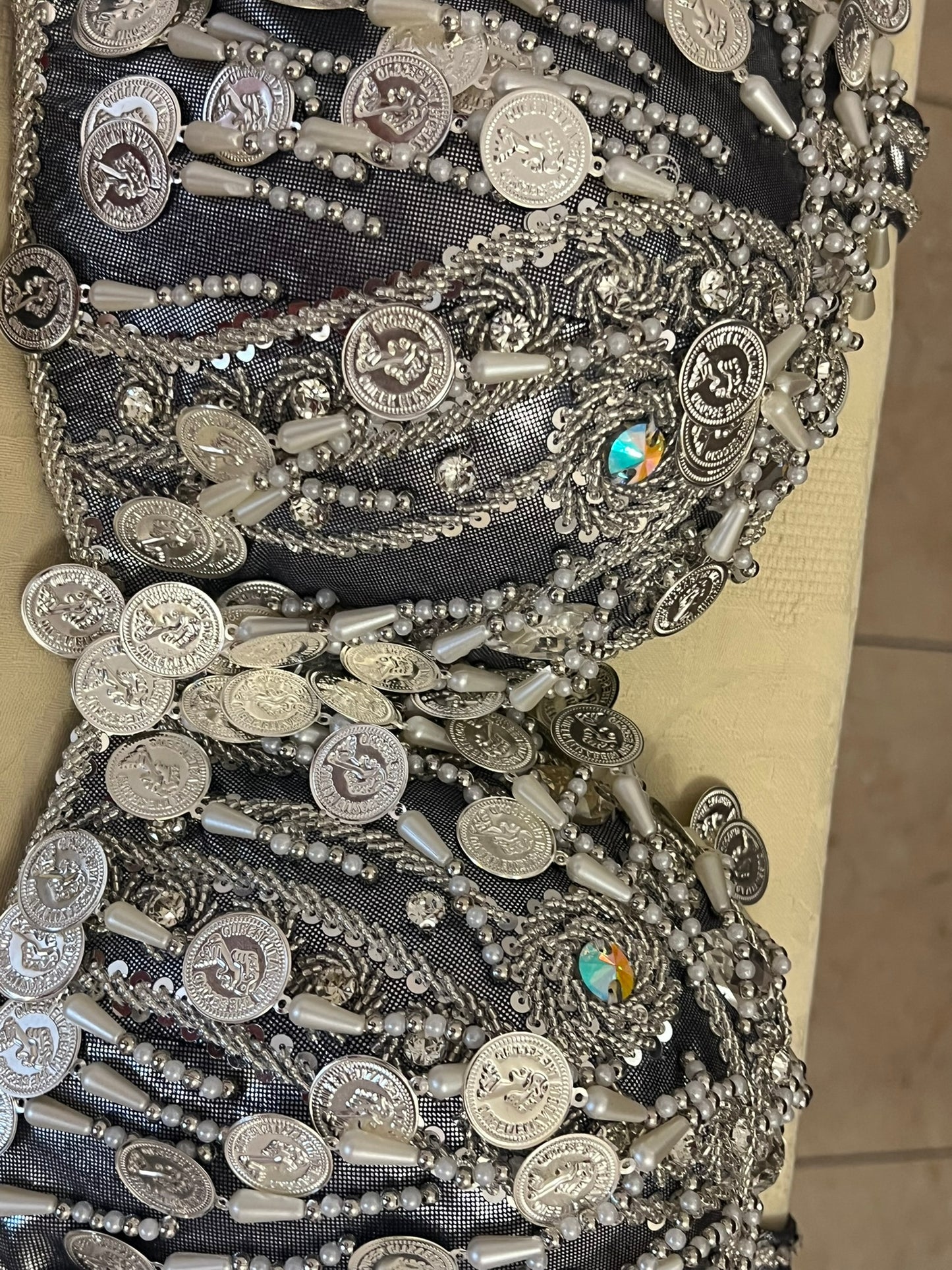 Professional Silver Belly dance costume, Dancing belt, skirt, Bra and sleeves ensemble