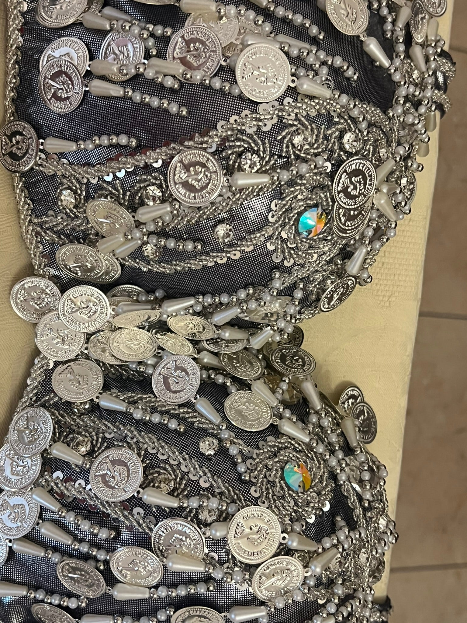 Professional Silver Belly dance costume, Dancing belt, skirt, Bra and sleeves ensemble