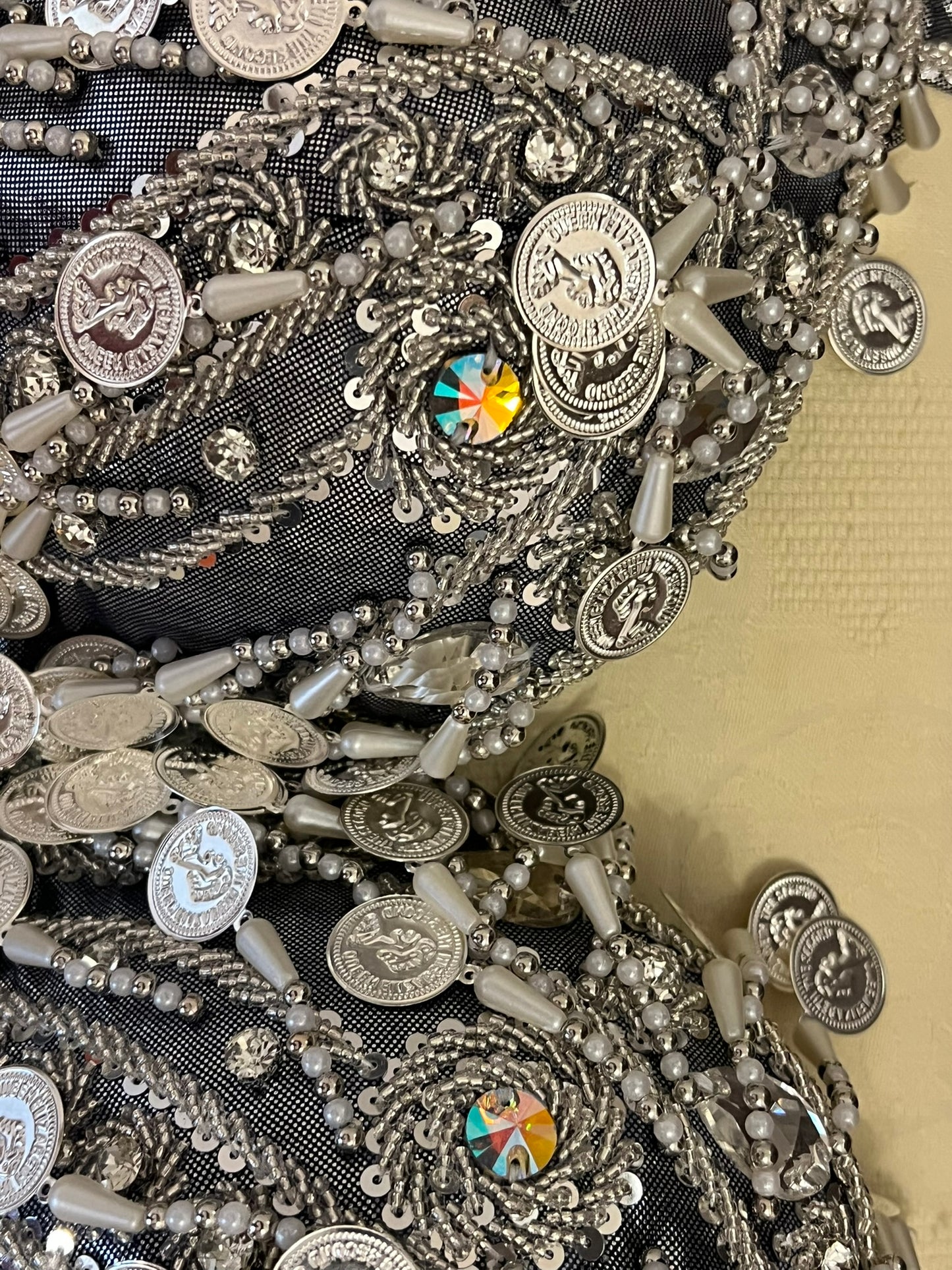 Professional Silver Belly dance costume, Dancing belt, skirt, Bra and sleeves ensemble