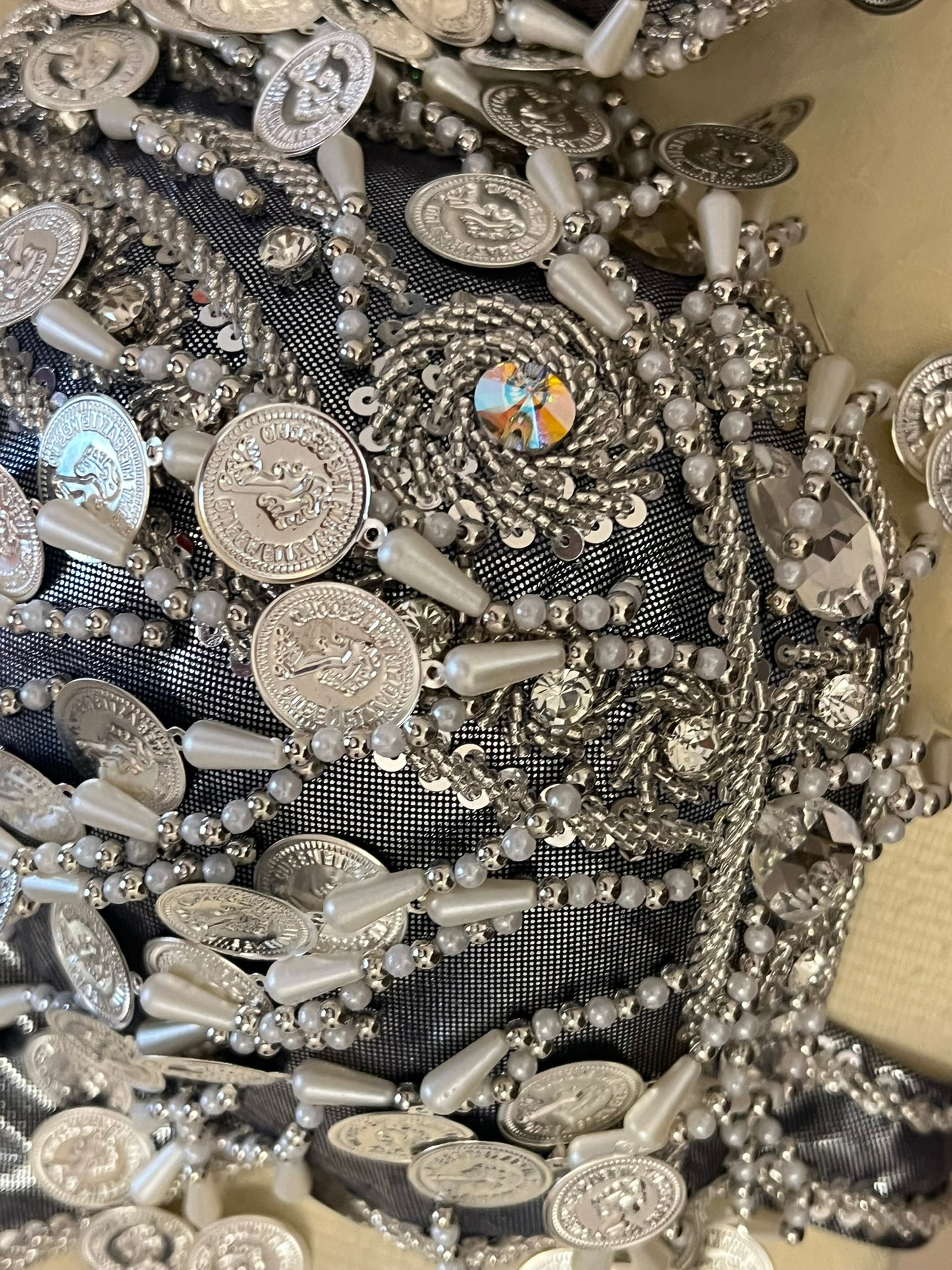 Professional Silver Belly dance costume, Dancing belt, skirt, Bra and sleeves ensemble