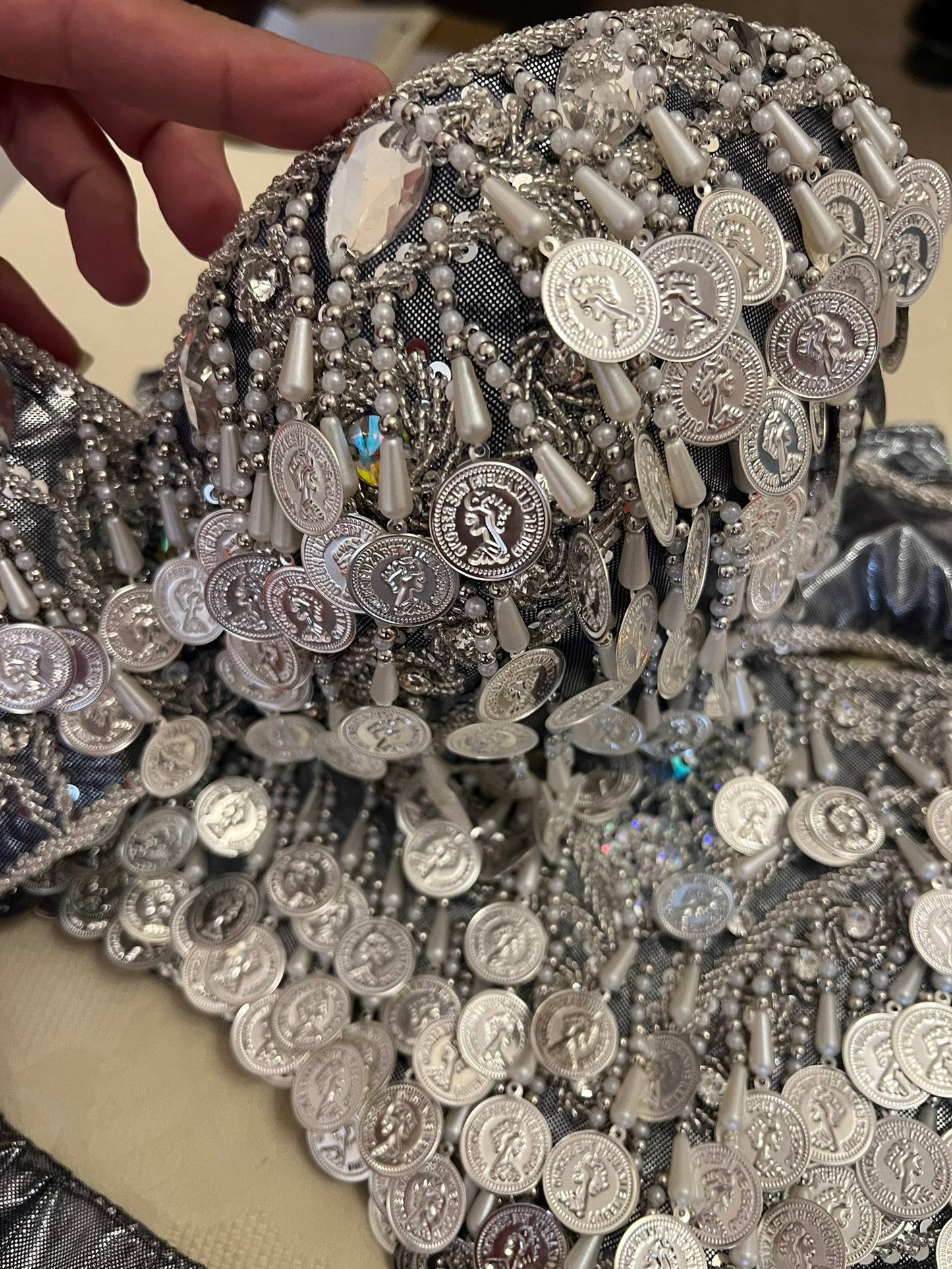 Professional Silver Belly dance costume, Dancing belt, skirt, Bra and sleeves ensemble