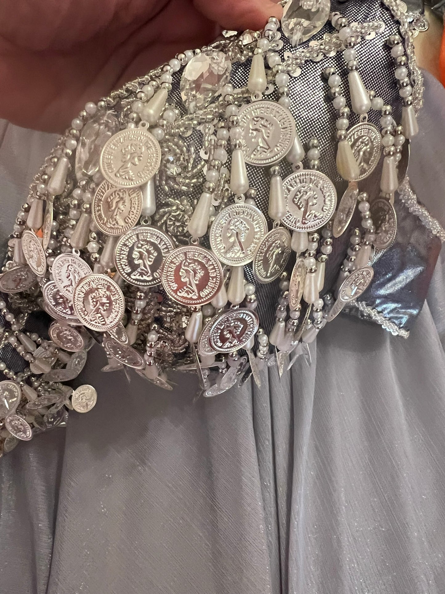 Professional Silver Belly dance costume, Dancing belt, skirt, Bra and sleeves ensemble