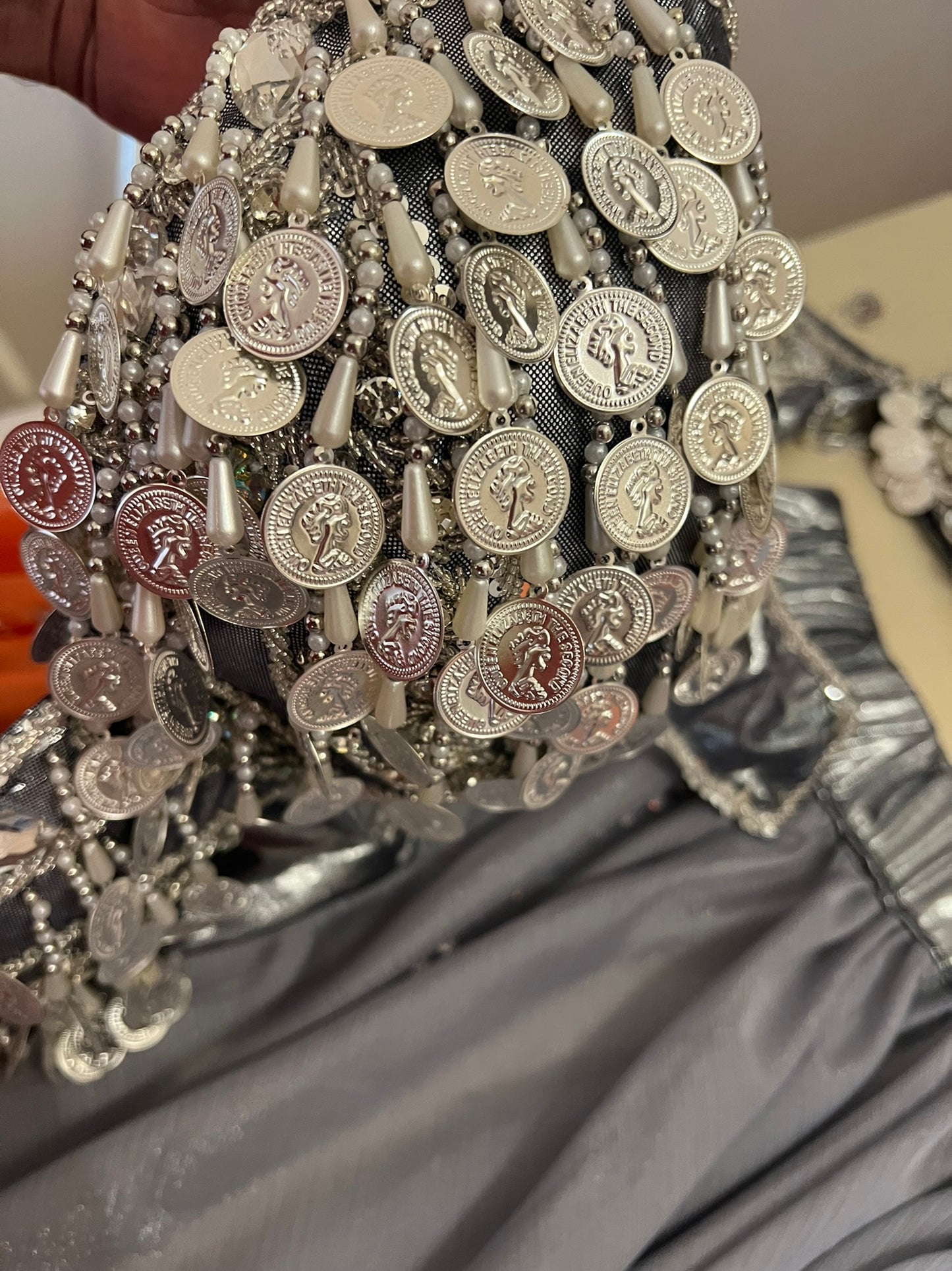 Professional Silver Belly dance costume, Dancing belt, skirt, Bra and sleeves ensemble