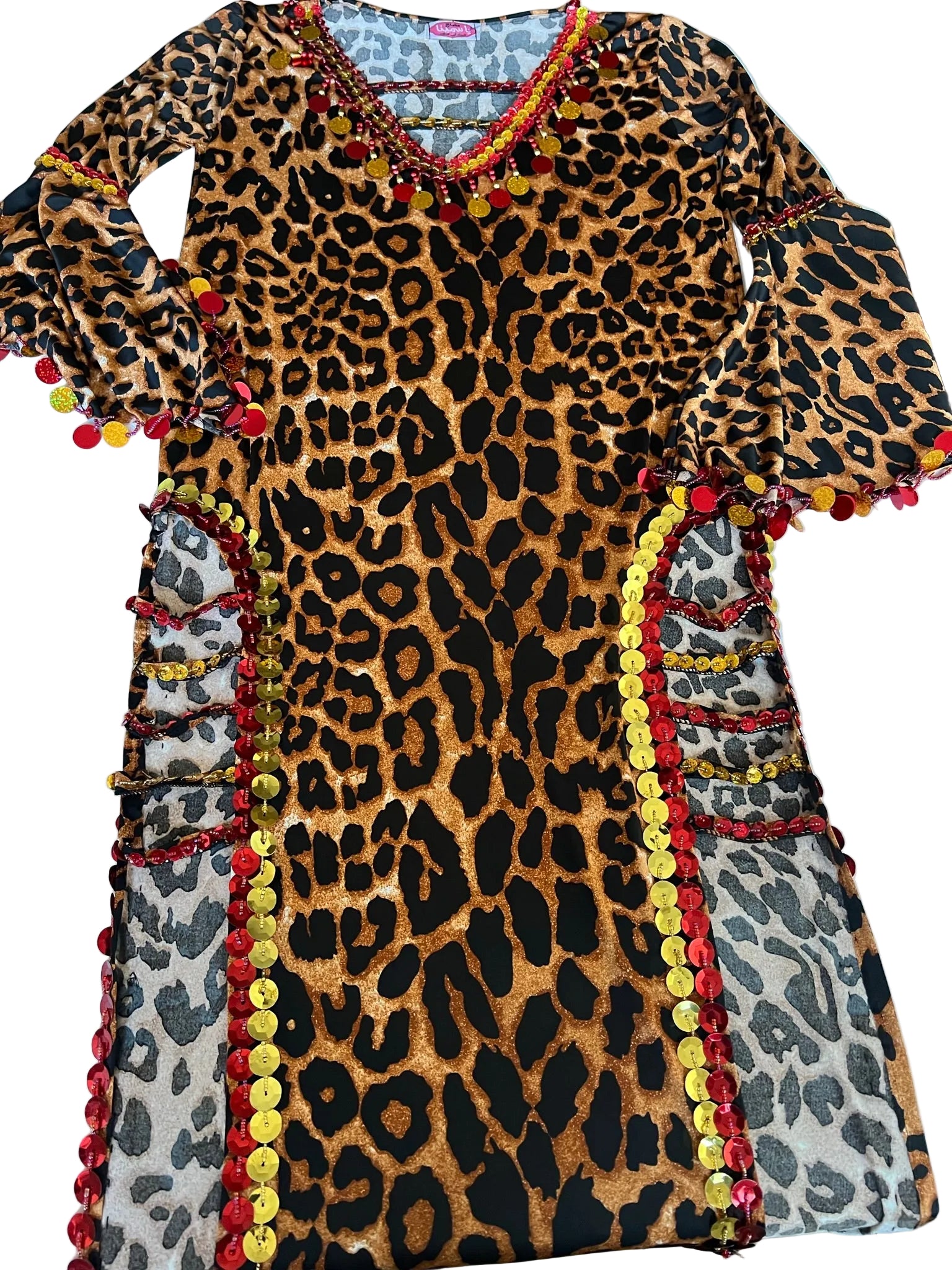 A traditional Egyptian belly dance costume featuring a leopard print design with handmade embroidery and decorative trim.