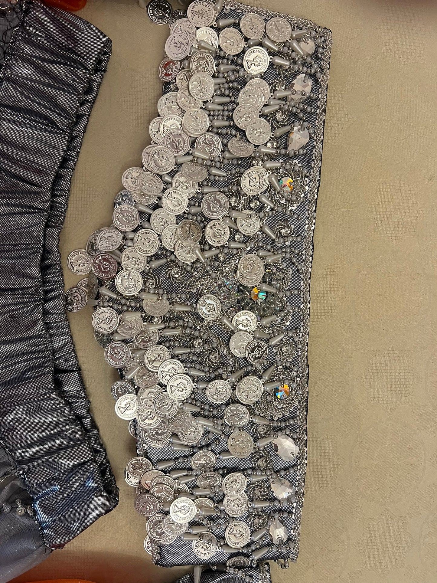 Professional Silver Belly dance costume, Dancing belt, skirt, Bra and sleeves ensemble