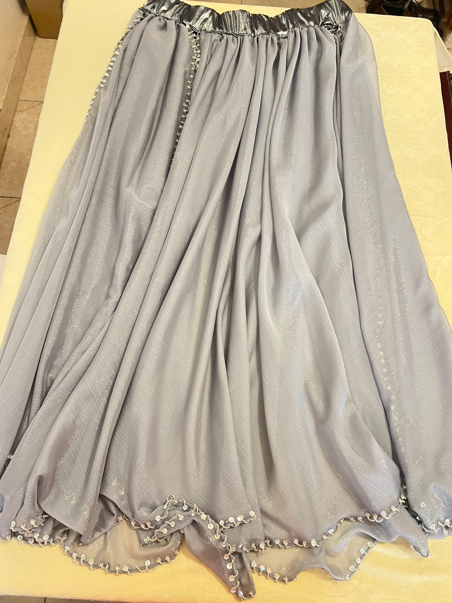 Professional Silver Belly dance costume, Dancing belt, skirt, Bra and sleeves ensemble