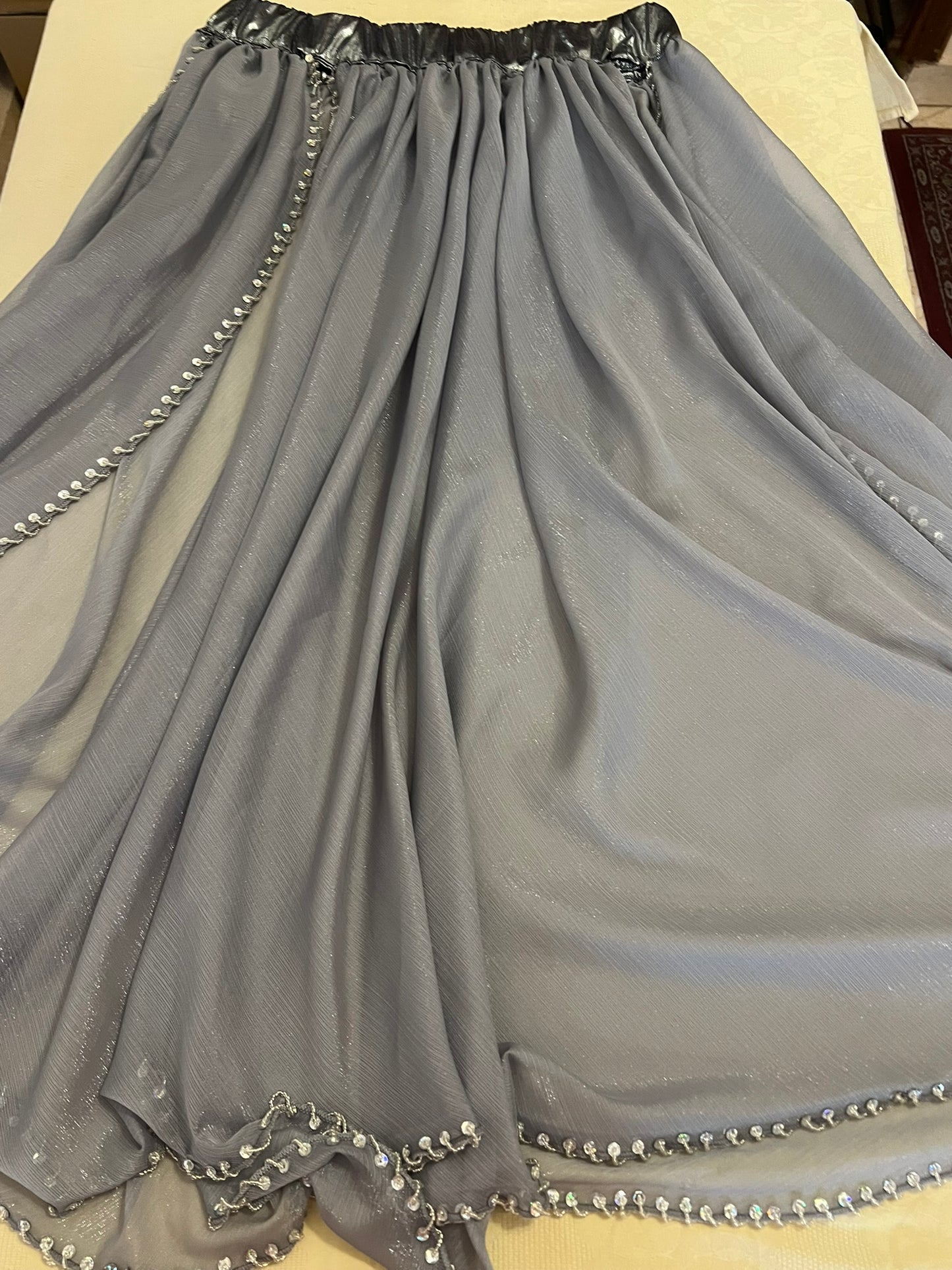 Professional Silver Belly dance costume, Dancing belt, skirt, Bra and sleeves ensemble