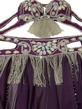 Purple garment with intricate silver embroidery and tassels on a white background