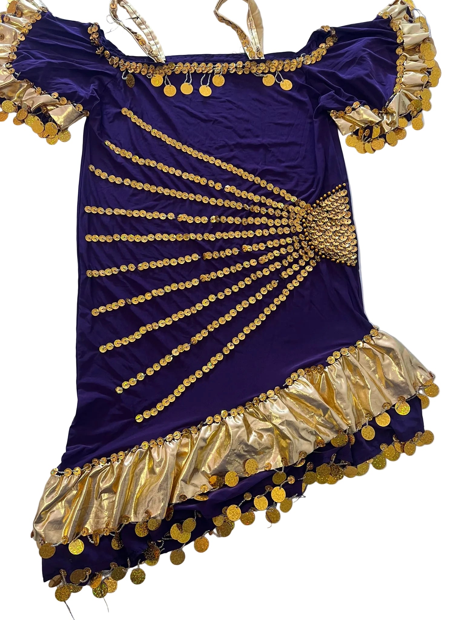 Purple dress with gold embellishments on a white background