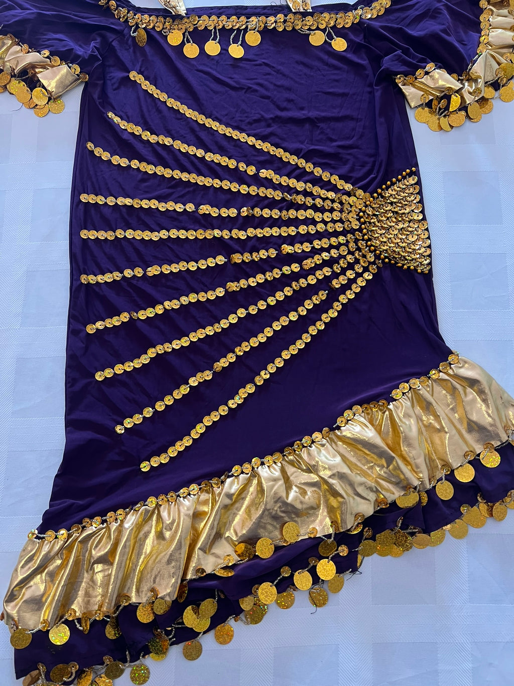 Purple dress with gold embellishments on a light blue background