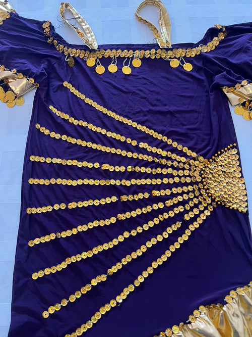 A purple belly dance melaya dress embellished with golden sequins and accents.