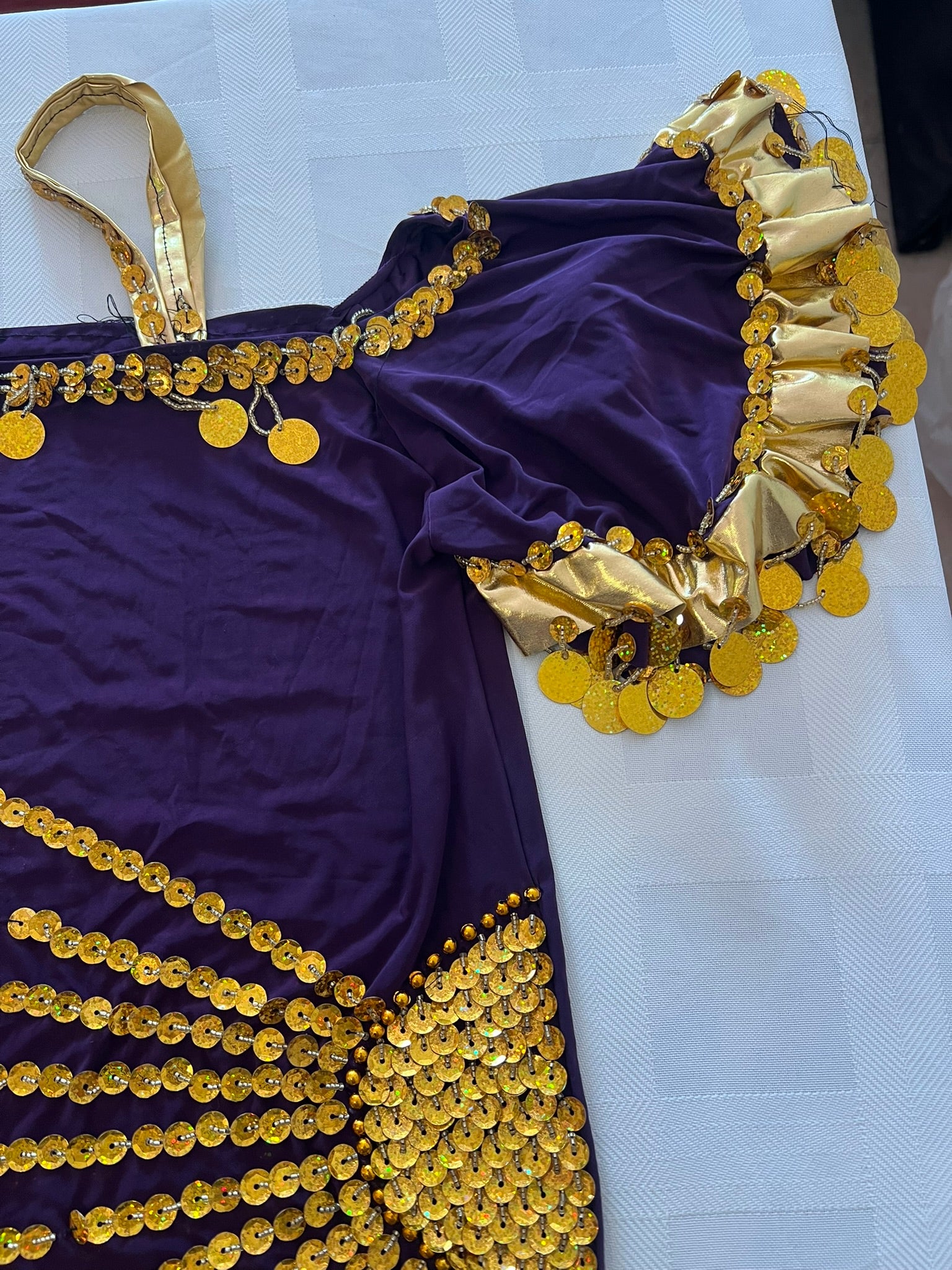 Purple garment with gold sequins on a white background