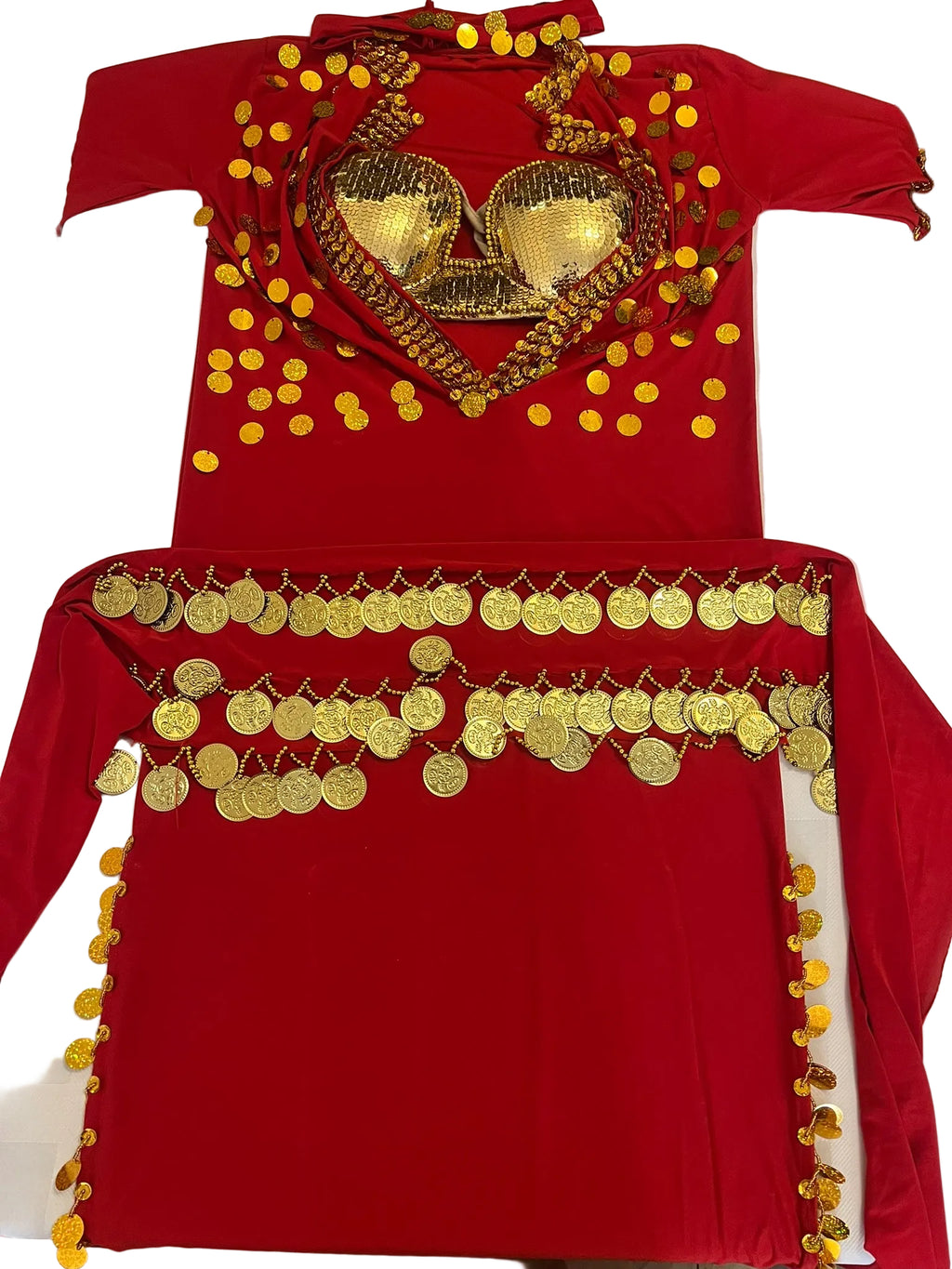 Elegant Egyptian Belly Dance Costume – Saidi Galabia with Bra, Hip Scarf & Headpiece