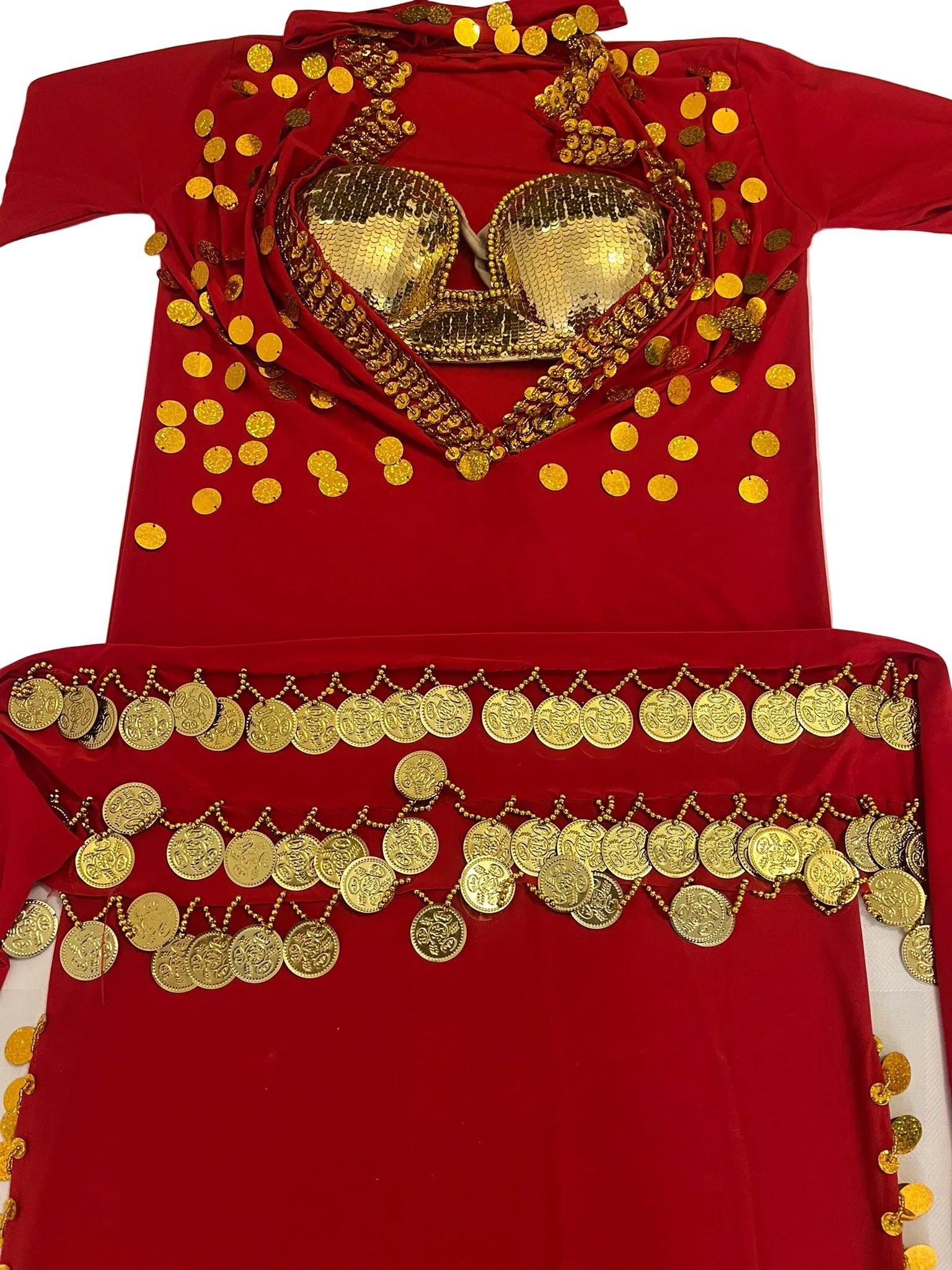 Red outfit with gold heart-shaped top and coin details on a white background