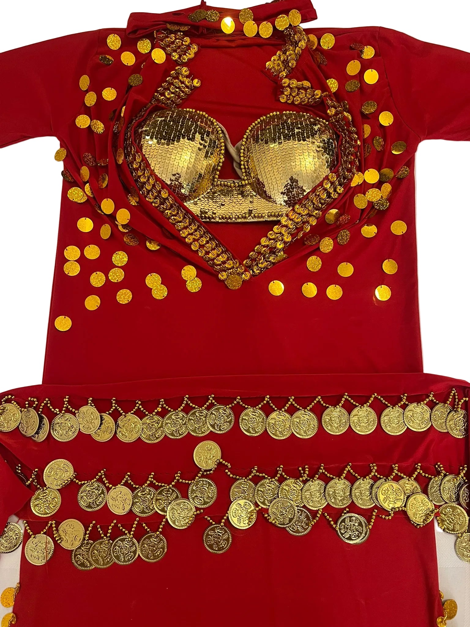 Red garment with gold sequin heart design and coin trim on a white background