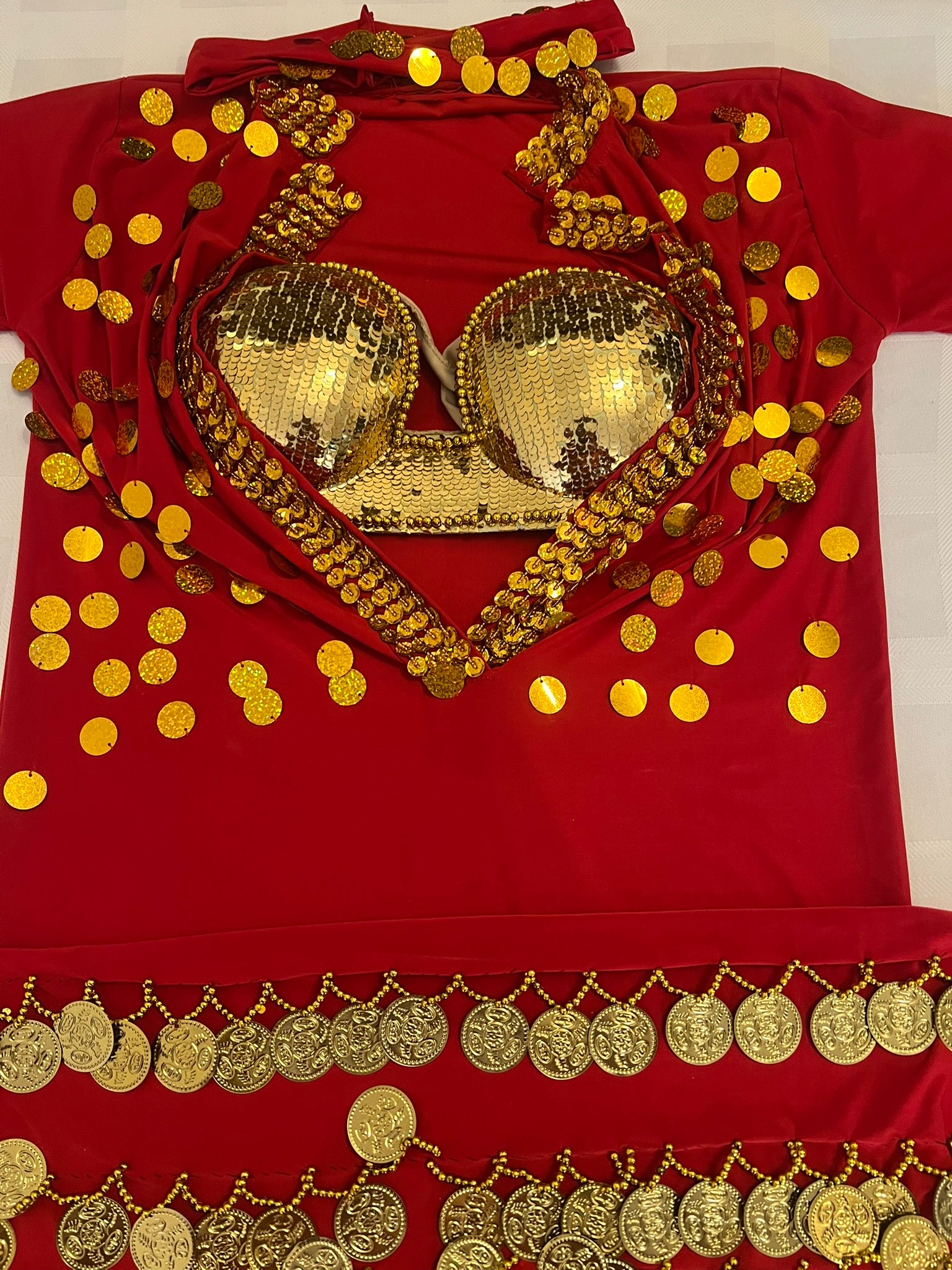 Red garment with gold sequins and coins on a white background