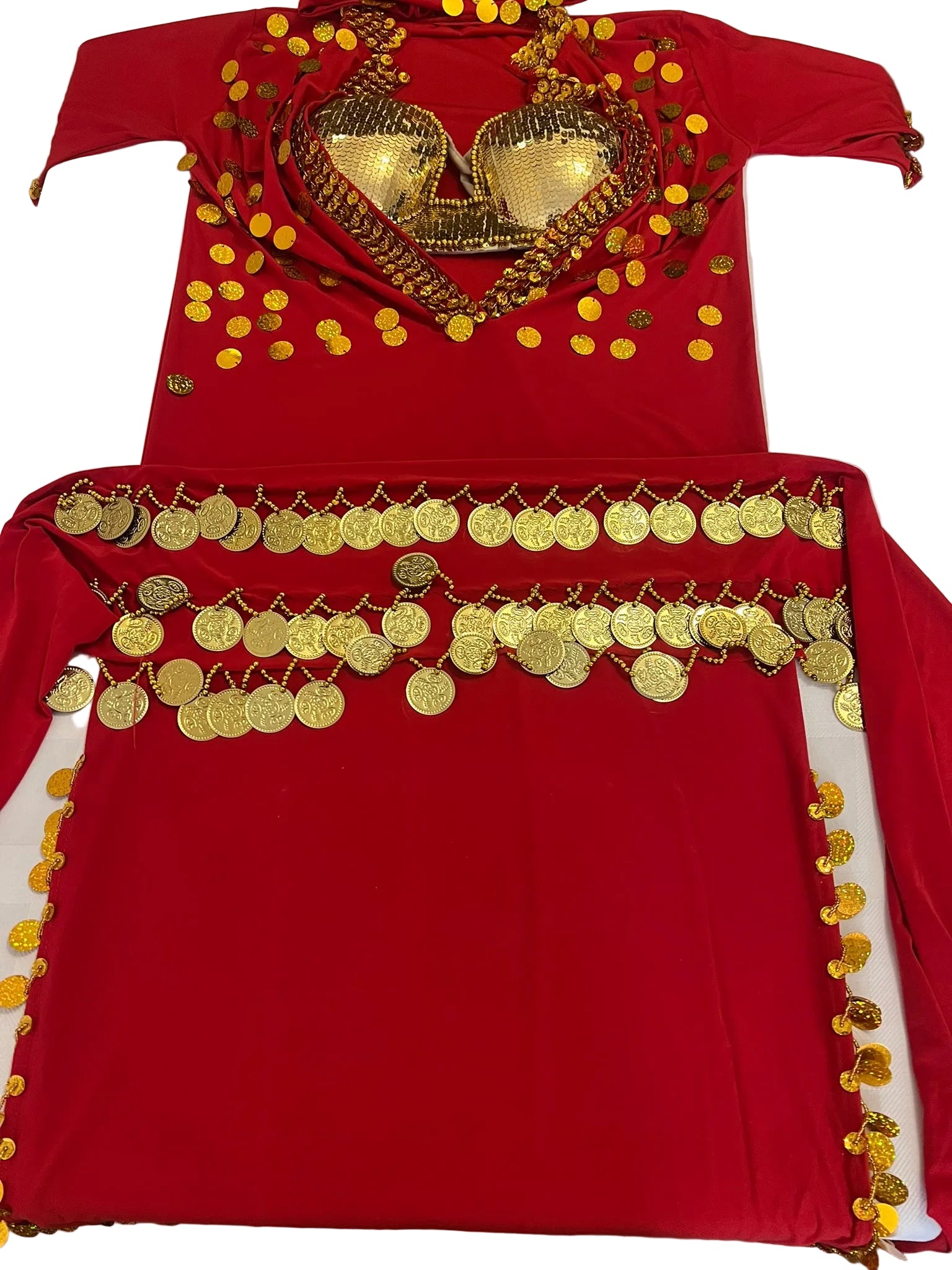 Red garment with gold embellishments on a white surface