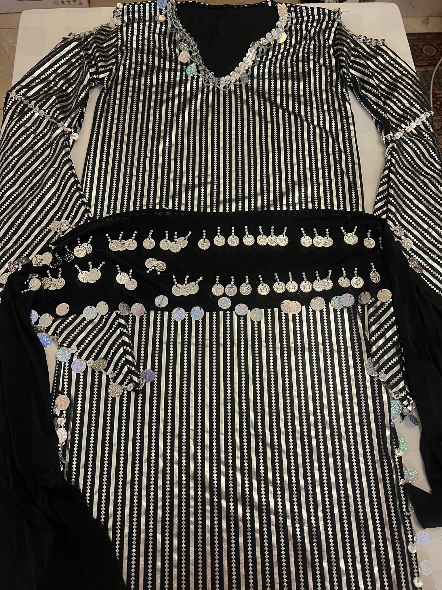 Egyptian belly dance striped dress, Saidi dancing Galabia, handmade dance outfit / Black and silver