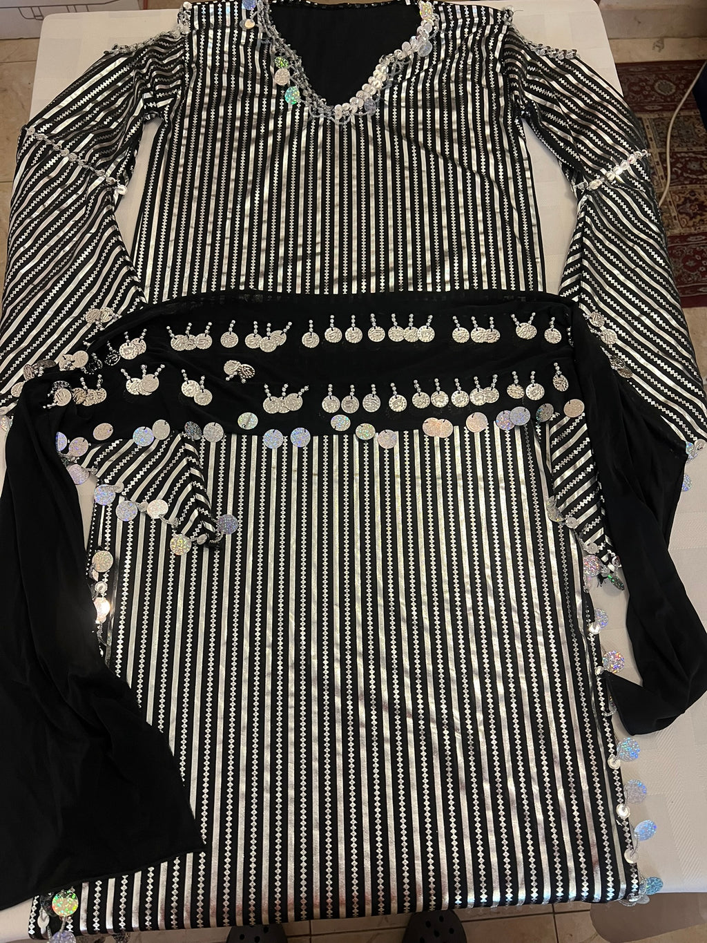 Egyptian belly dance striped dress, Saidi dancing Galabia, handmade dance outfit / Black and silver