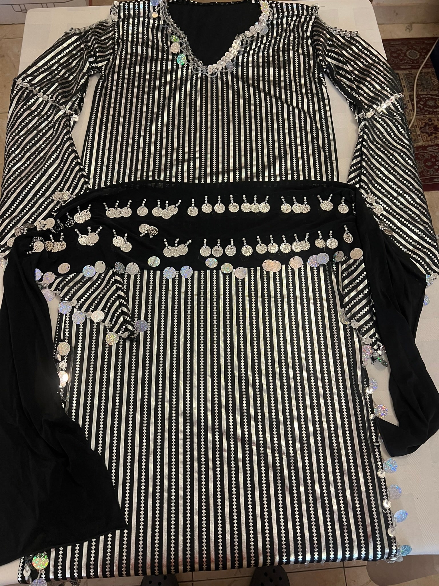 Egyptian belly dance striped dress, Saidi dancing Galabia, handmade dance outfit / Black and silver