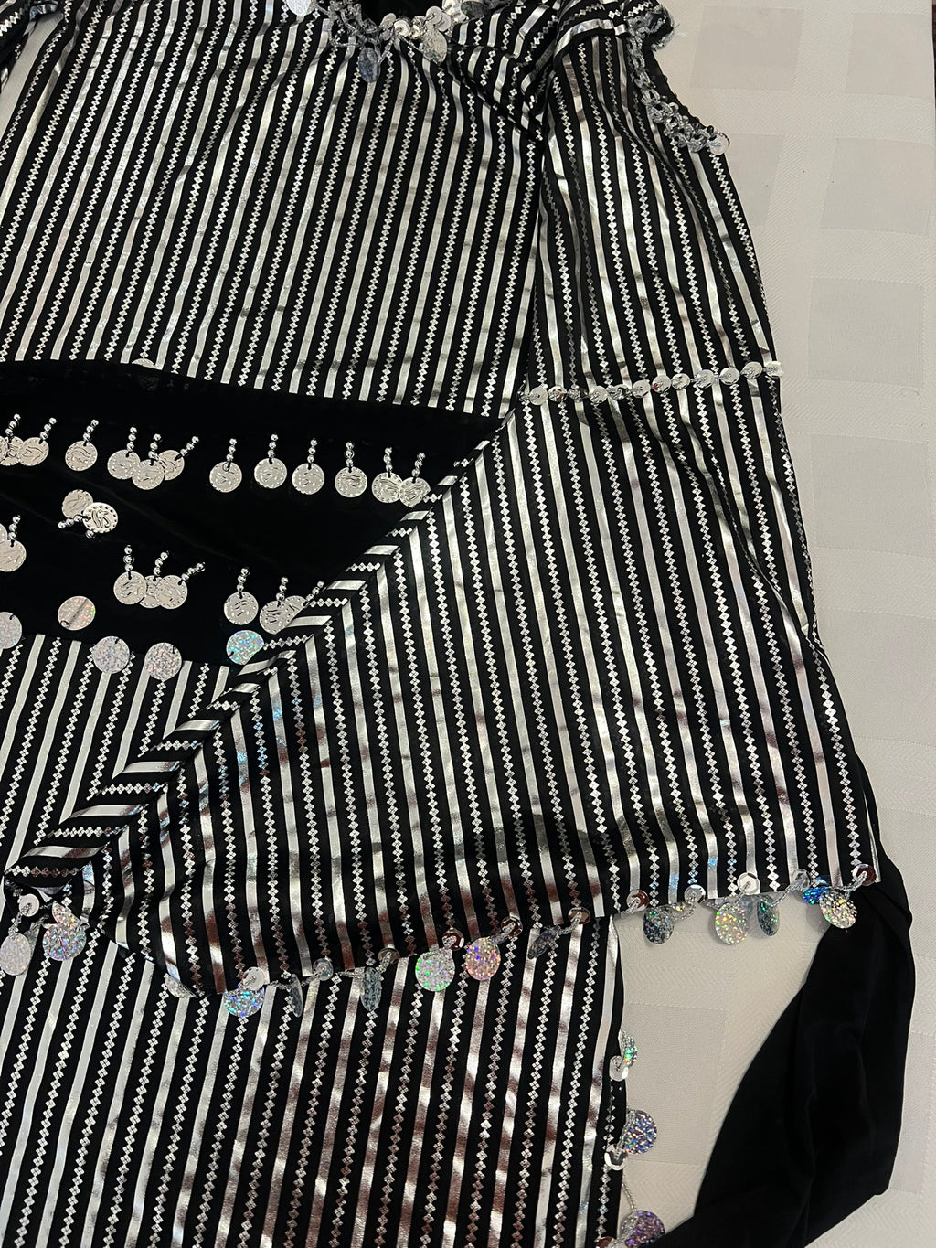 Egyptian belly dance striped dress, Saidi dancing Galabia, handmade dance outfit / Black and silver