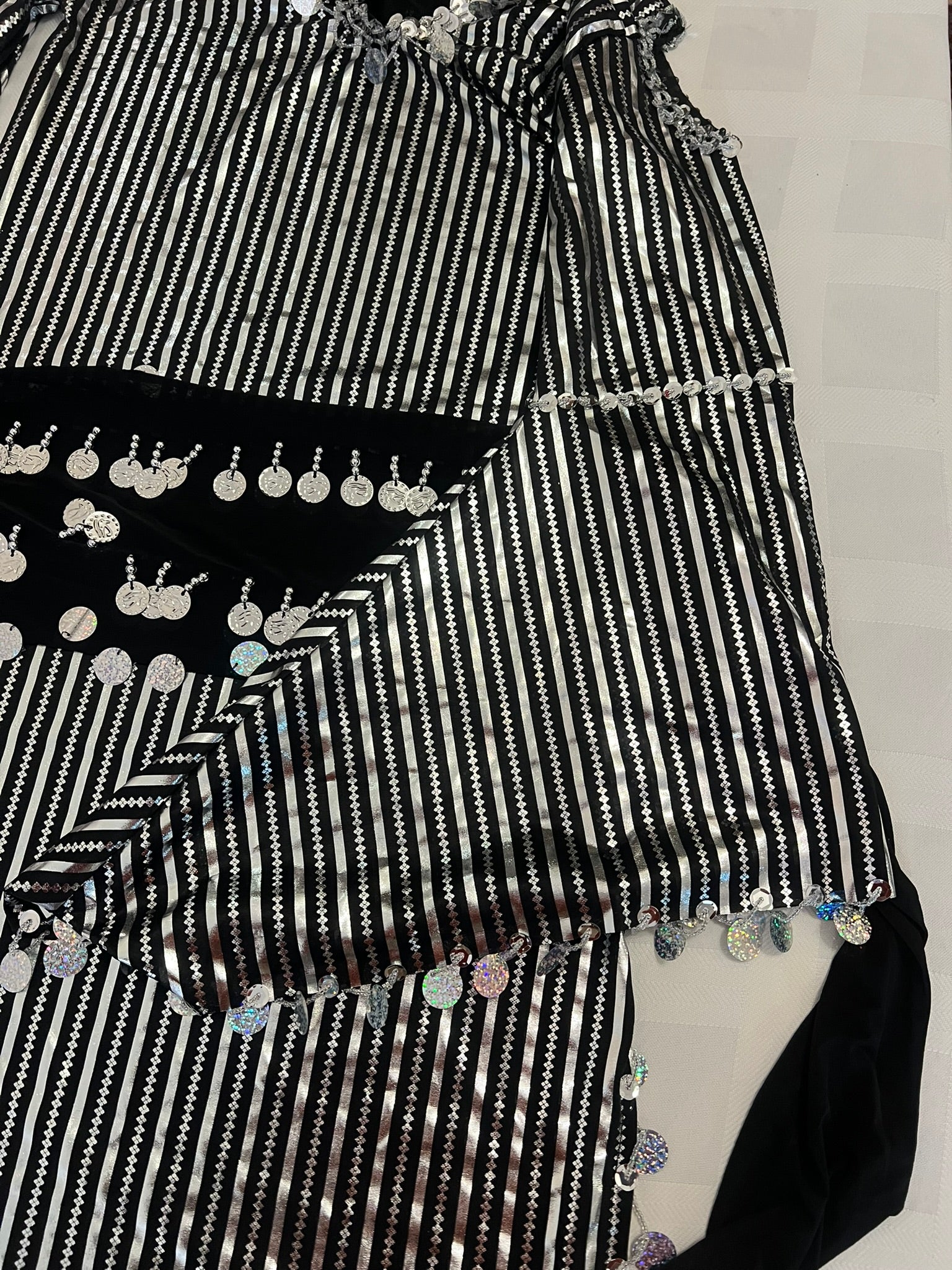Egyptian belly dance striped dress, Saidi dancing Galabia, handmade dance outfit / Black and silver