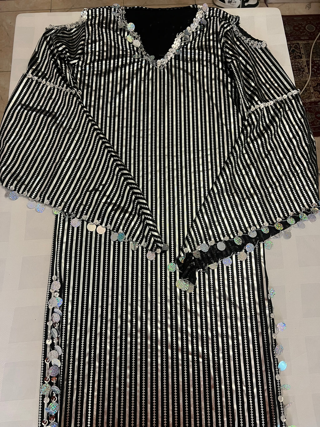 Egyptian belly dance striped dress, Saidi dancing Galabia, handmade dance outfit / Black and silver